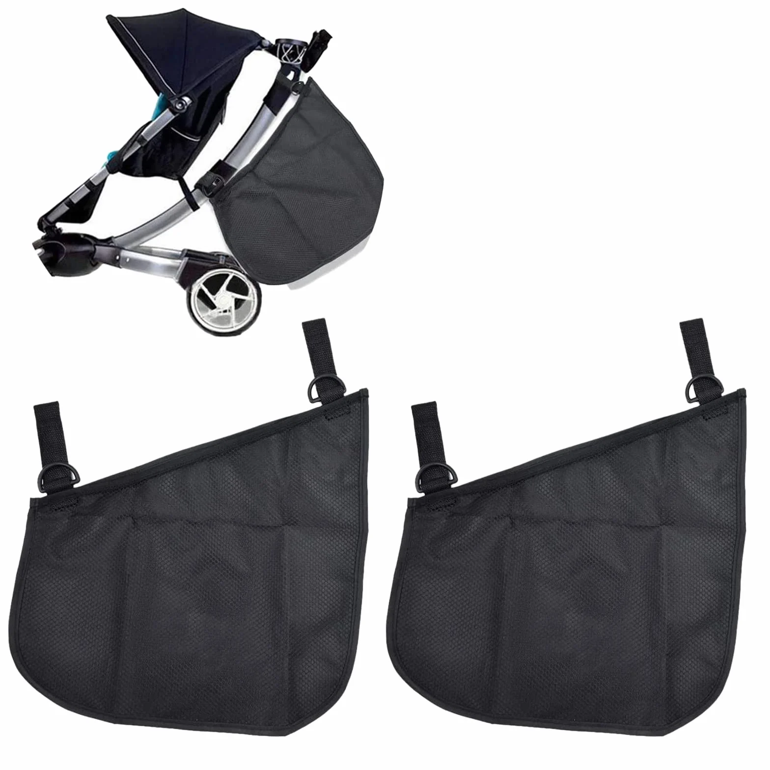 2 Pezzi Organizzatore Universale per Passeggino Borsa Laterale per Carrozzina Borsa Organizzatore con Cinghie Antiscivolo e Regolabili, Borsa Organizzatore per Passeggino (Nero)
