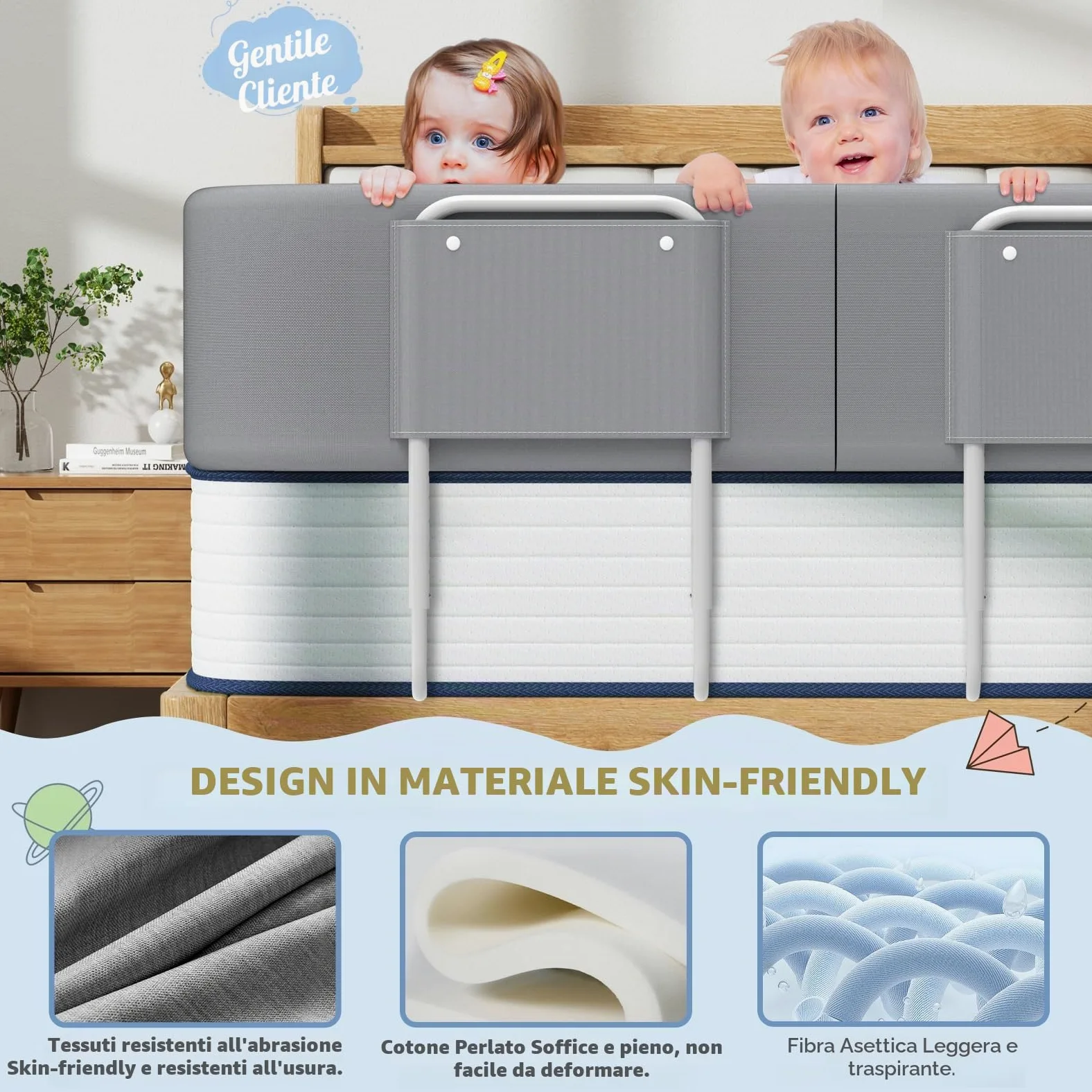 Sponde per letto bambini – Barriera letto sicurezza per bambini, protezione per letto matrimoniale e lettino, altezza regolabile 40-60 cm, rimovibile, portatile, grigio, 200cm