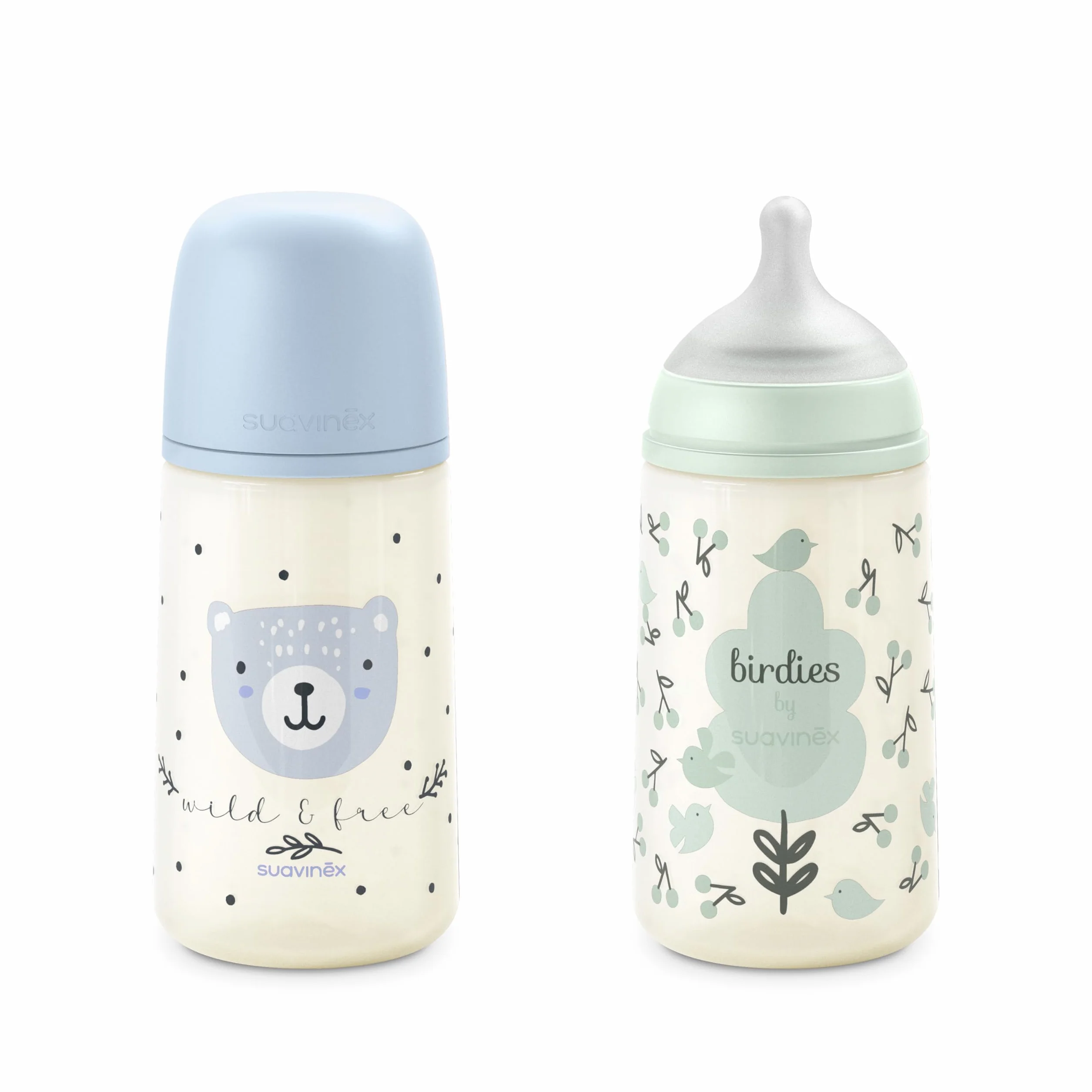 Suavinex, Confezione 2 Biberon da 270 ml, Tettarella Simmetrica SX Pro in Silicone con Valvola Anticolica, Flusso Medio, Liquido Densità Media, Latte, Succhi, Acqua. ​+3 Mesi.Birdies, Wild&Free, Blu