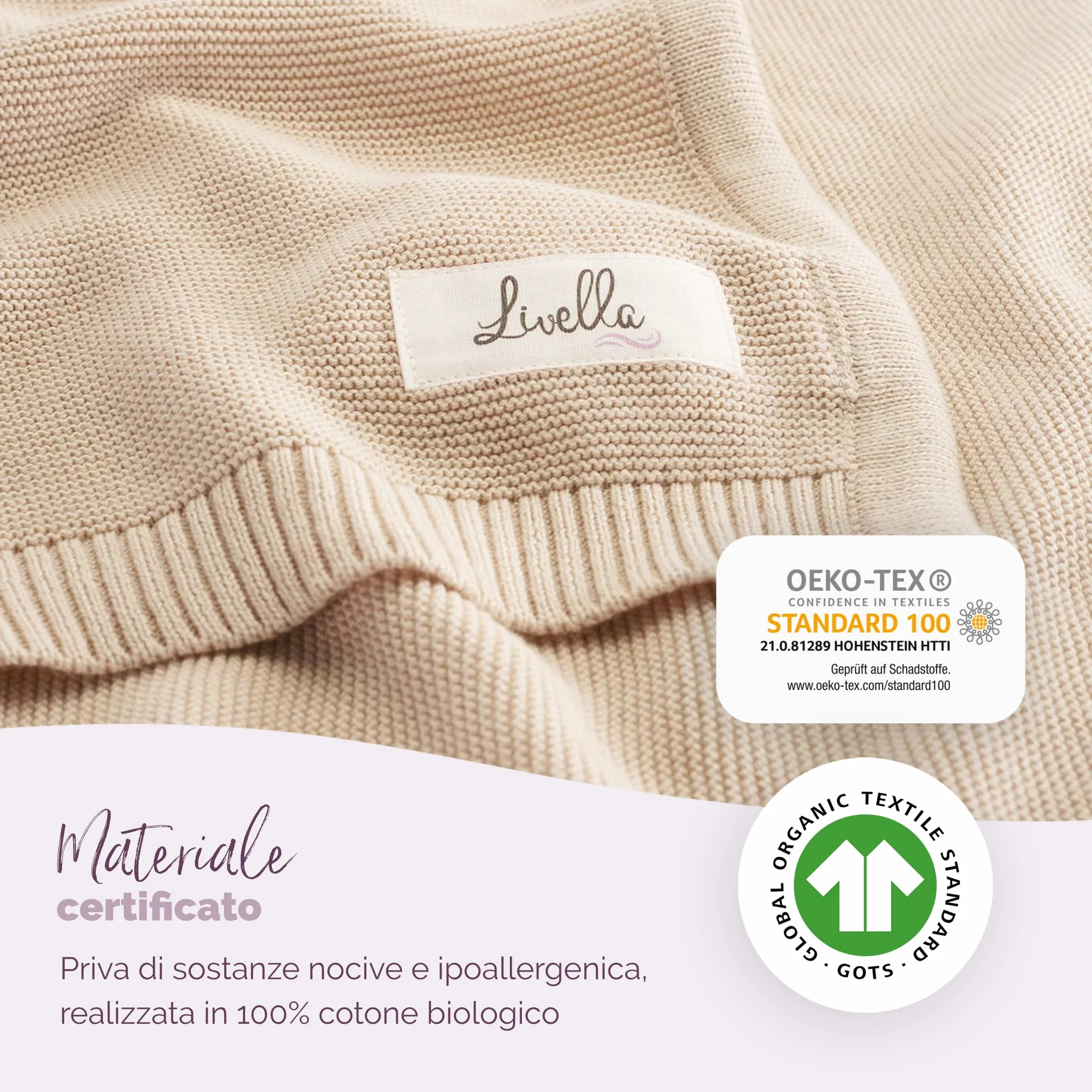 Livella Coperta per neonato e bambino cotone 100% biologico, coperta premium lavorata a maglia morbida e traspirante, ideale per la pelle delicata del bambino, OekoTEX Standard 100