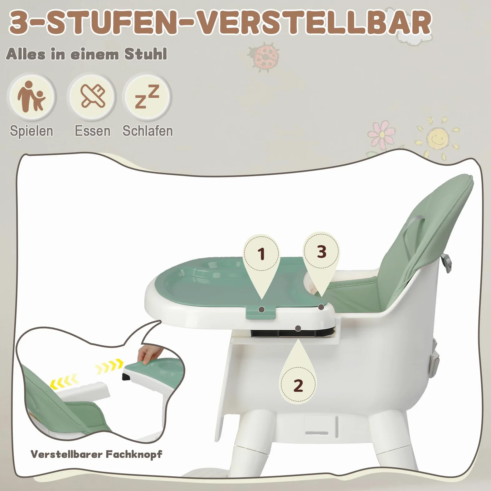 LEADZM Seggiolone 3 in 1, regolabile per sgabello basso, doppio vassoio rimovibile, con cintura di sicurezza a 5 punti, carico massimo 15 kg, adatto per bambini dai 6 ai 36 mesi (verde)
