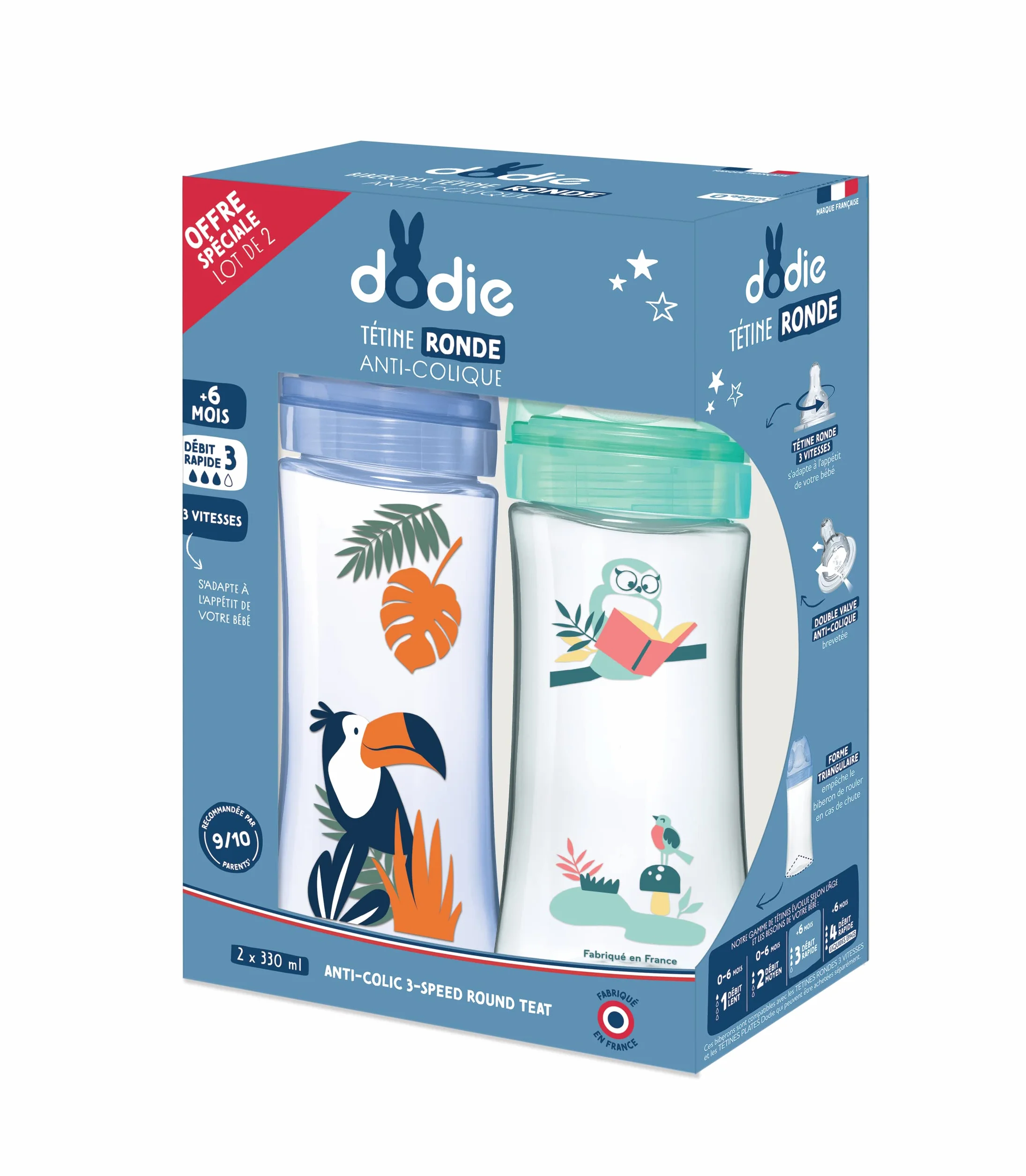 Dodie - Set di 2 biberon(2 unità - confezione da 1) anticoliche per iniziativa, 2 x 330 ml, tettarella rotonda, portata 3, senza BPA, +6 mesi, blu pompiere
