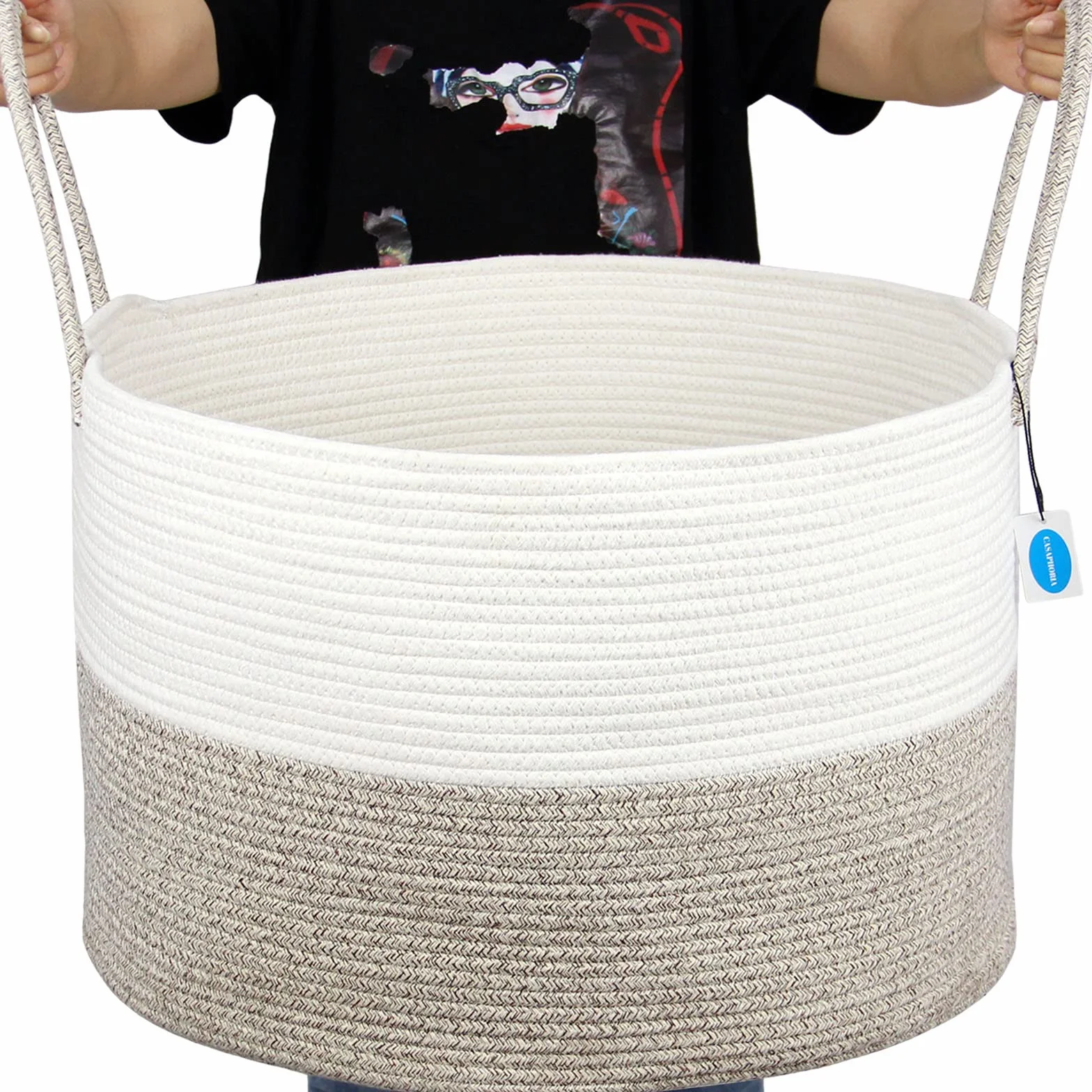 Casaphoria XXXL, cesto portaoggetti in corda di cotone per soggiorno, con manico lungo, per coperte, asciugamani e cuscini, cesto portabiancheria | crema bianco e marrone (55,9 x 55,9 x 35,6 cm)