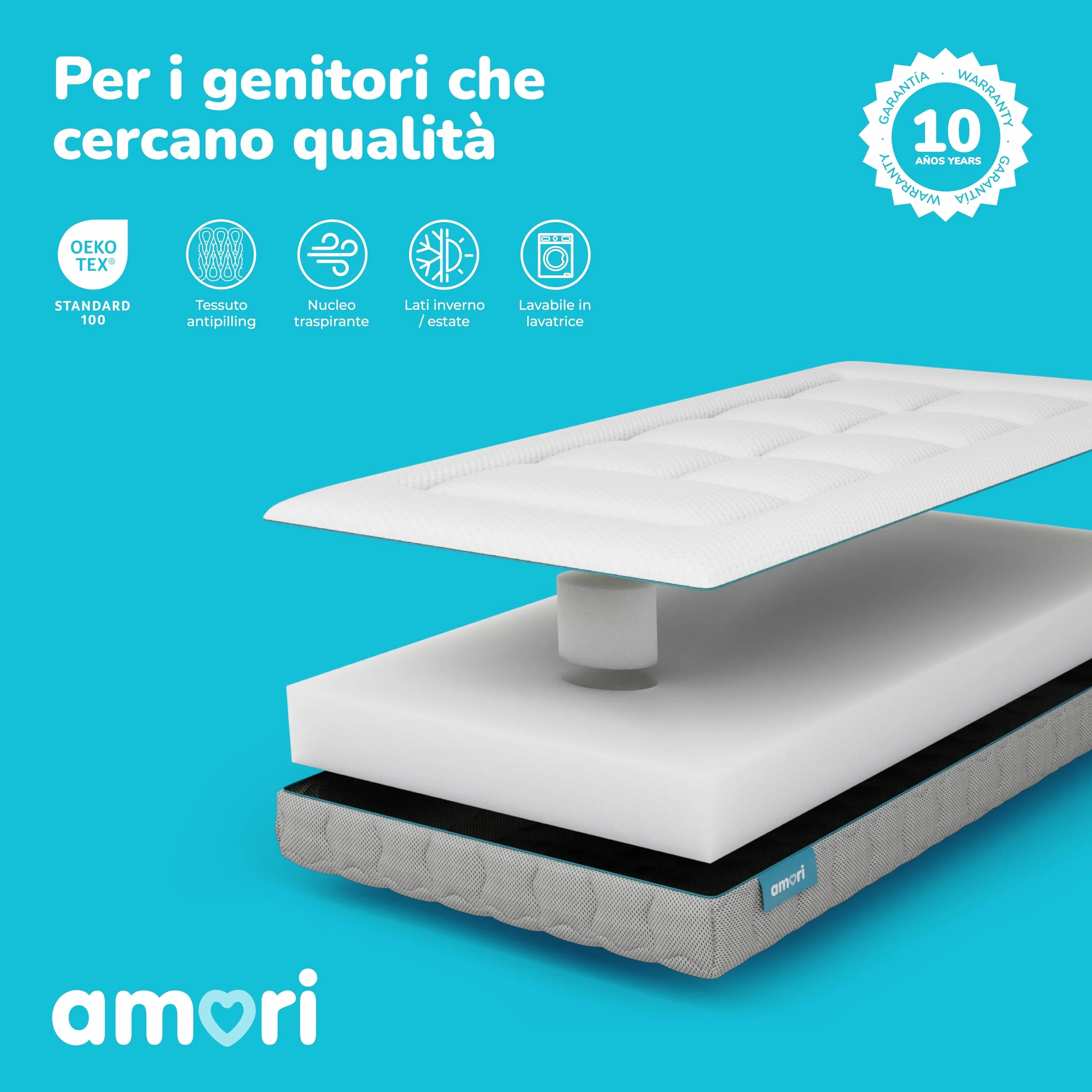AMORI - Materassino Antisoffoco 117x57 cm per Culla Lettino - Sfoderabile, Anallergico, Antiacaros - Spessore 12 cm - Doppia Faccia Estate/Inverno - Certificato OEKO-TEX - Comfort Plus