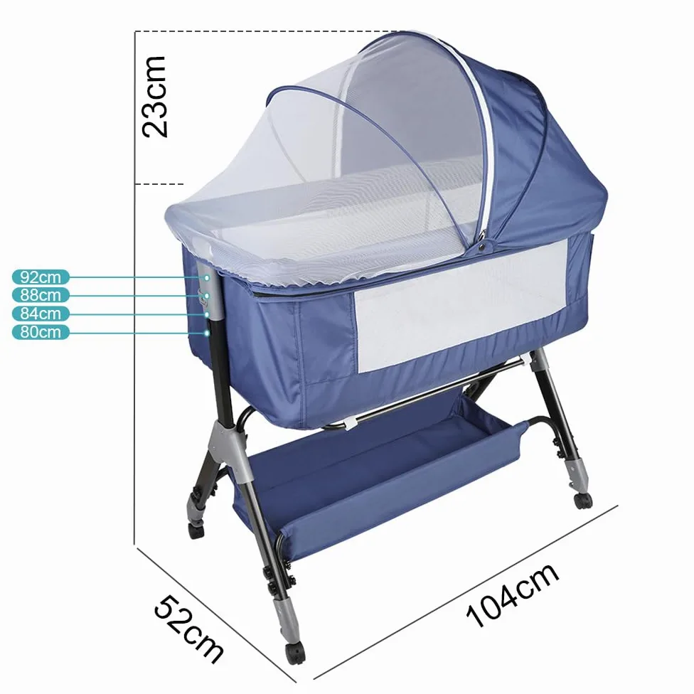 OHMG Culla Neonato con Materasso Imbottito,Culla Cododo,Culla Co-sleeping,Culla Bambini Pieghevole con 5 Altezze Regolabili,Lettino per Bambini,per Bambini 0-6 Mesi (Blu tibetano (104x52x103-115cm))