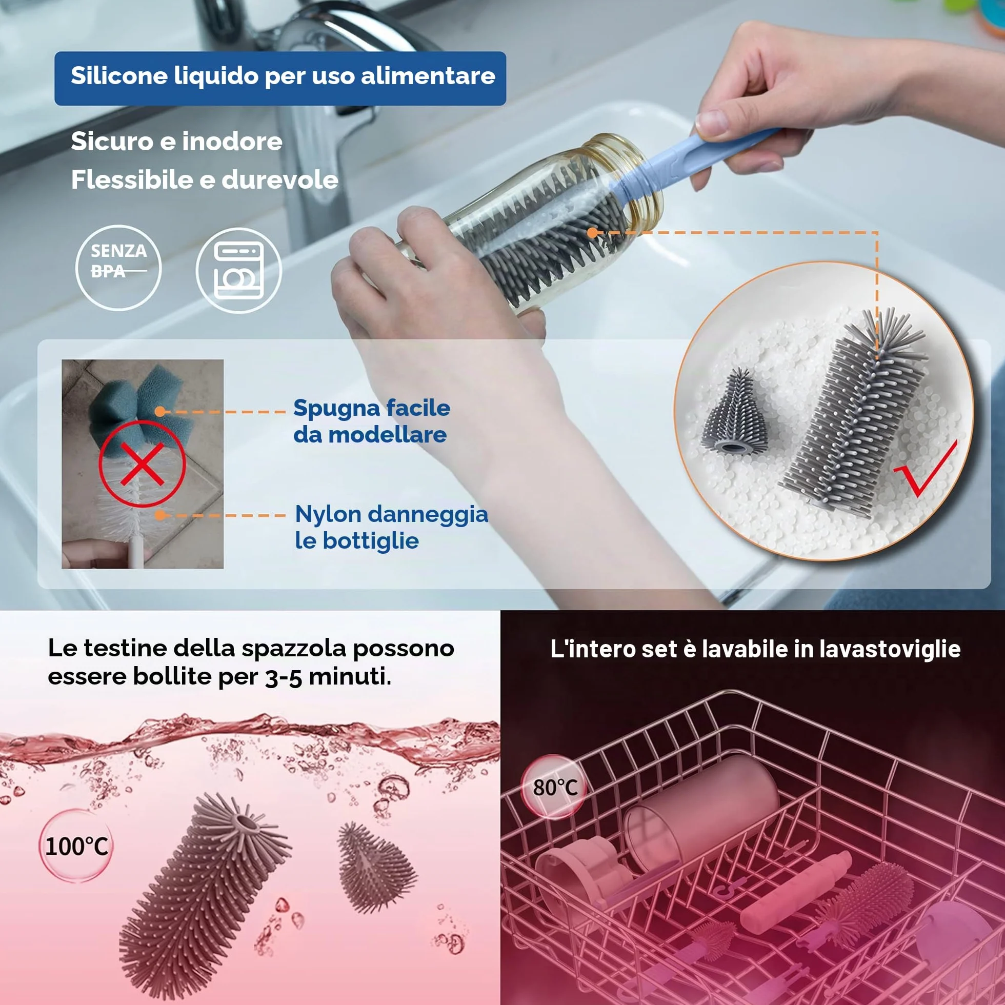 YOTIME Set Spazzole Biberon da Viaggio, con Silicone Spazzola per Biberon, Scovolino per tettarelle e Cannuccia, Dispenser Sapone, Scolabottiglie, Scatola Portaoggetti, senza BPA, Blu