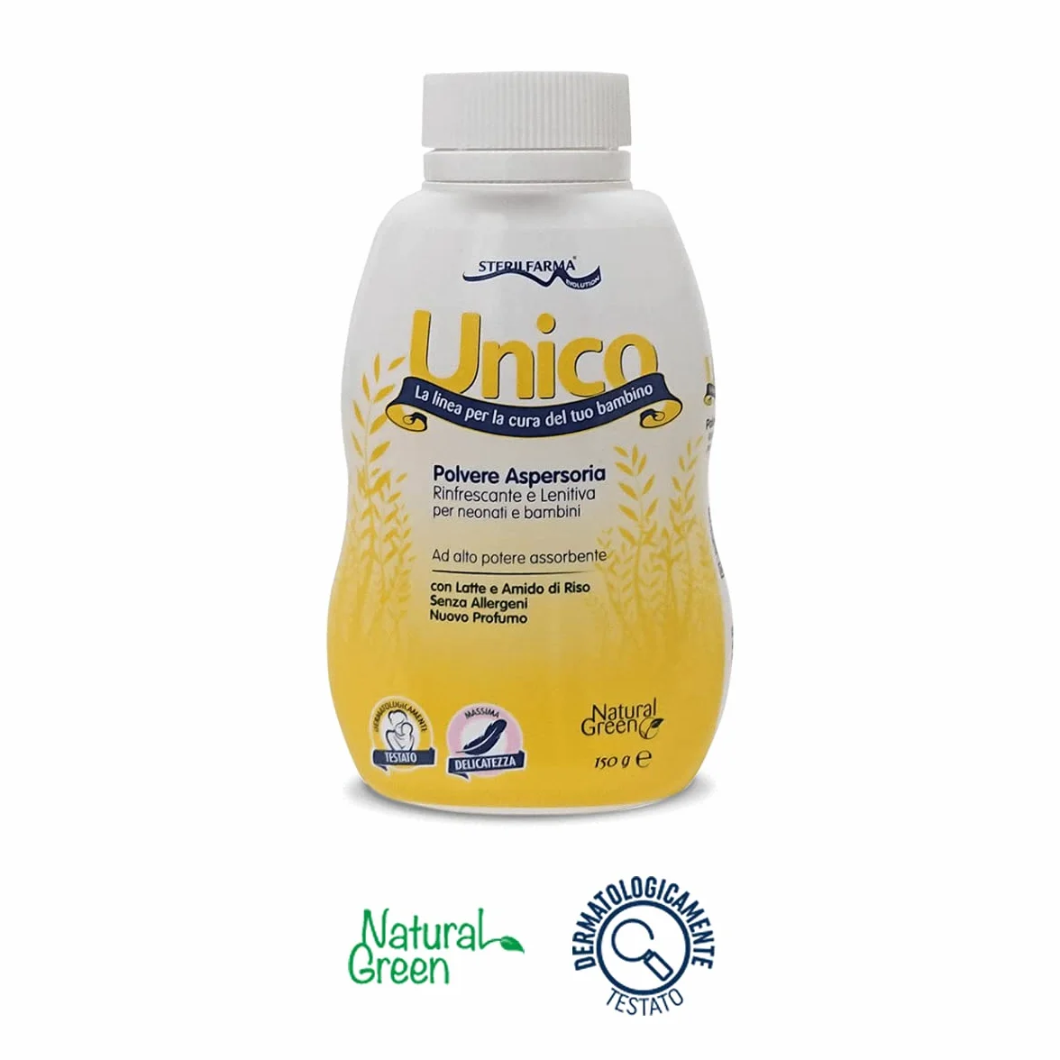 Unico Polvere Aspersoria - PER RINFRESCARE ED ASCIUGARE LA PELLE DEL BAMBINO DOPO IL BAGNETTO - Rinfrescante e lenitiva, con Latte ed Amido di Riso. 150G