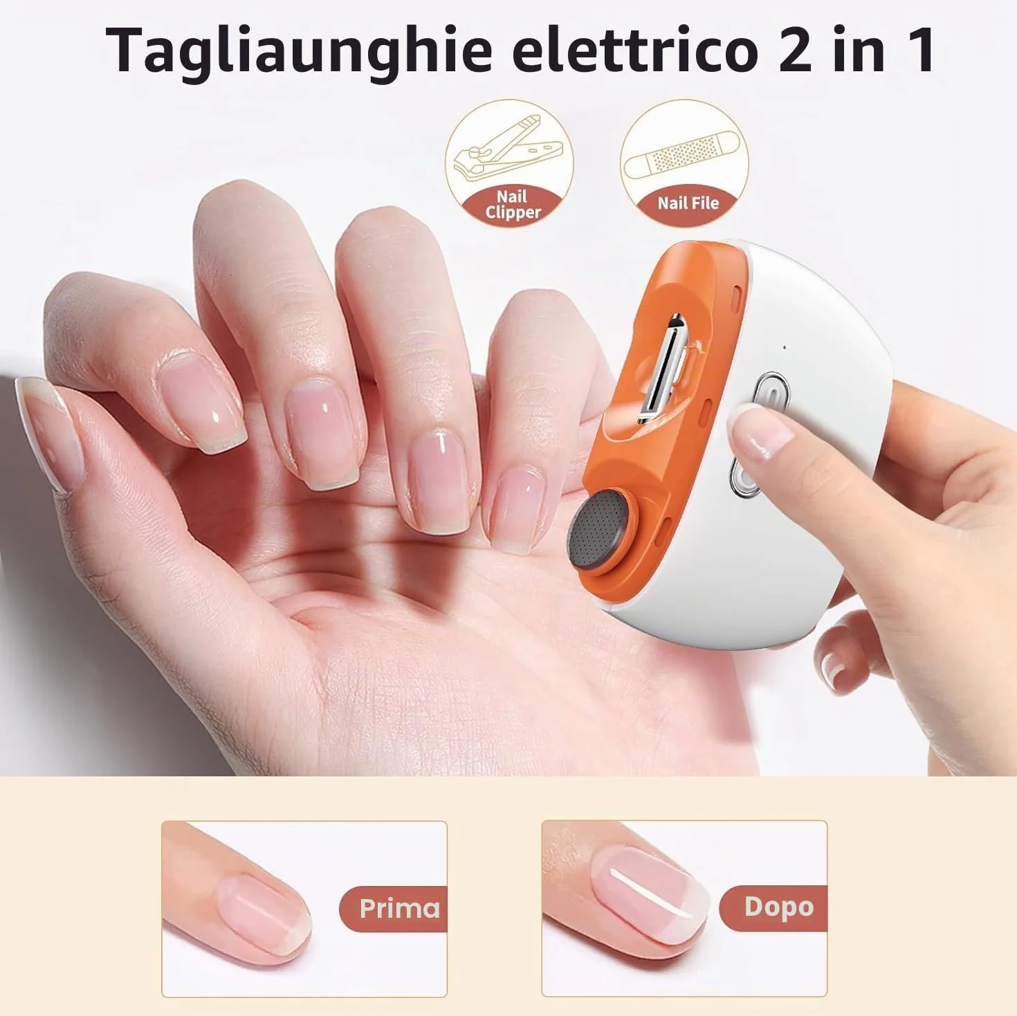 Tagliaunghie elettrico, 2 in 1, per unghie elettrico, ricaricabile tramite USB, con luce LED, adatto per neonati, bambini, adulti e anziani (arancione)