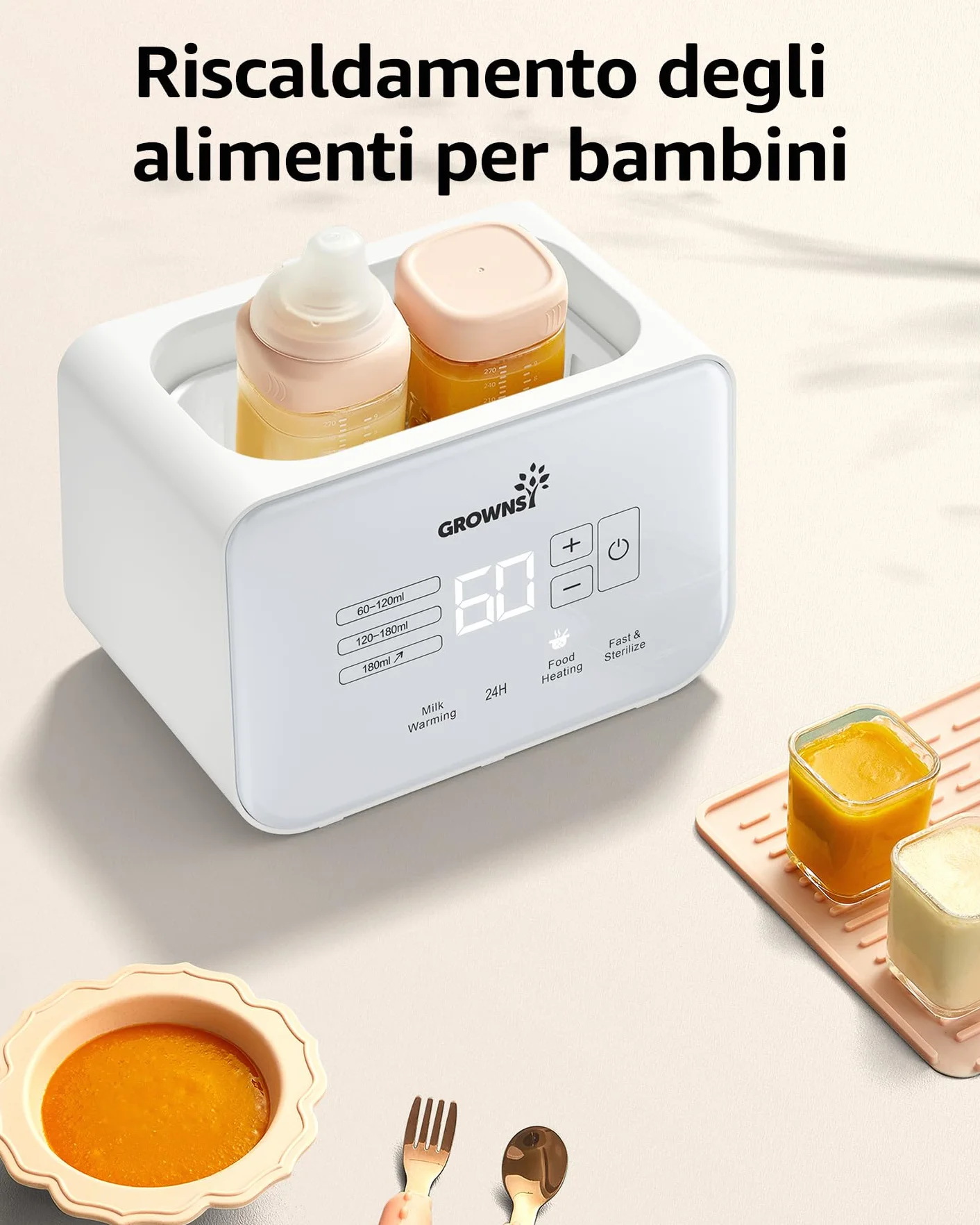 Grownsy Scaldabiberon, Sterilizzatore per Biberon 9 in 1 Fast Riscaldamento e Sbrinamento, Timer, Rapido Controllo Della Temperatura, Senza BPA, con Display LCD, Doppio Scaldabiberon