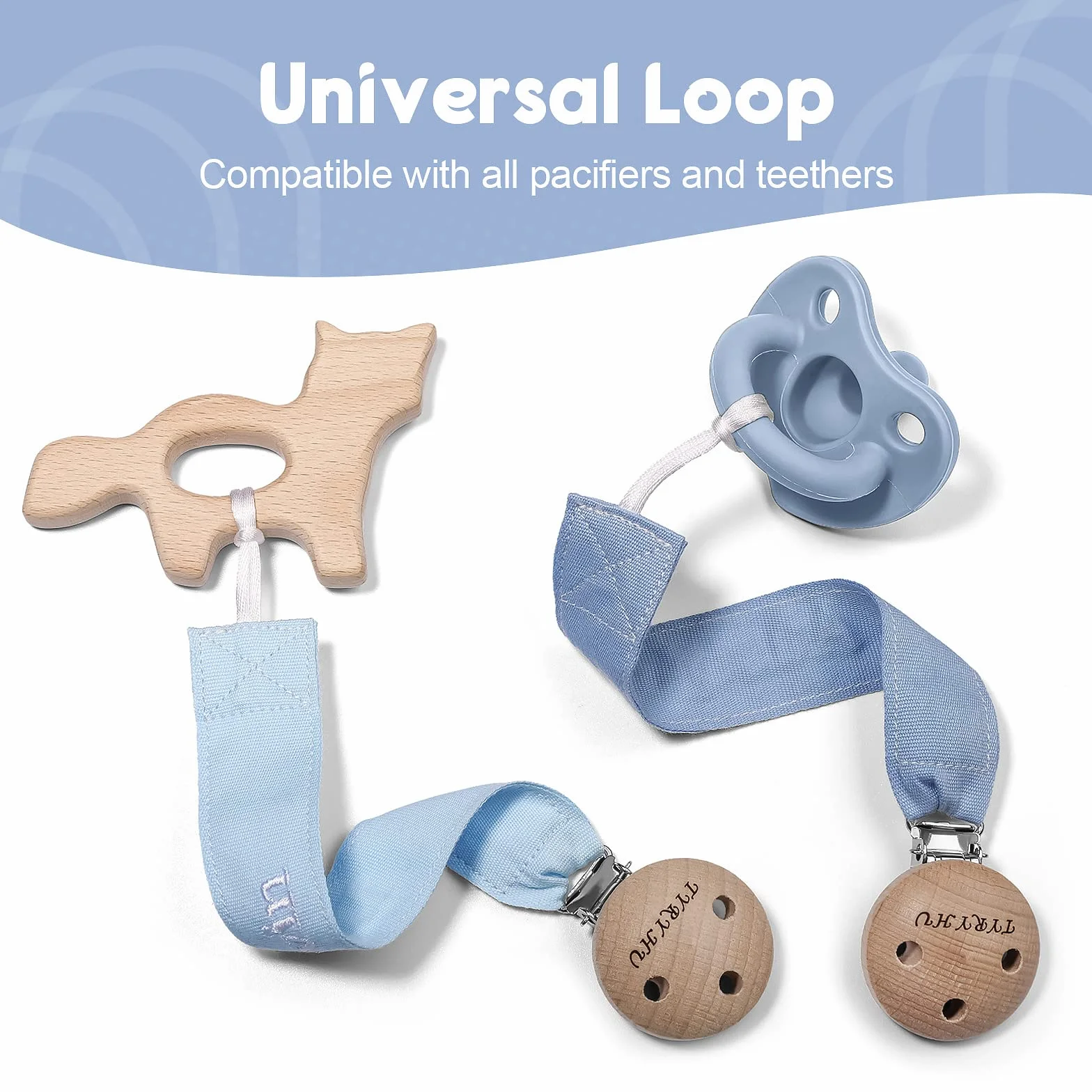 TYRY.HU Catenella Portaciuccio con Nome Personalizzata Porta Succhietto Clip di Legno Cotone Bambine Ragazzi Massaggiagengive Ciuccio Clip Baby Regalo, 2 Pezzi