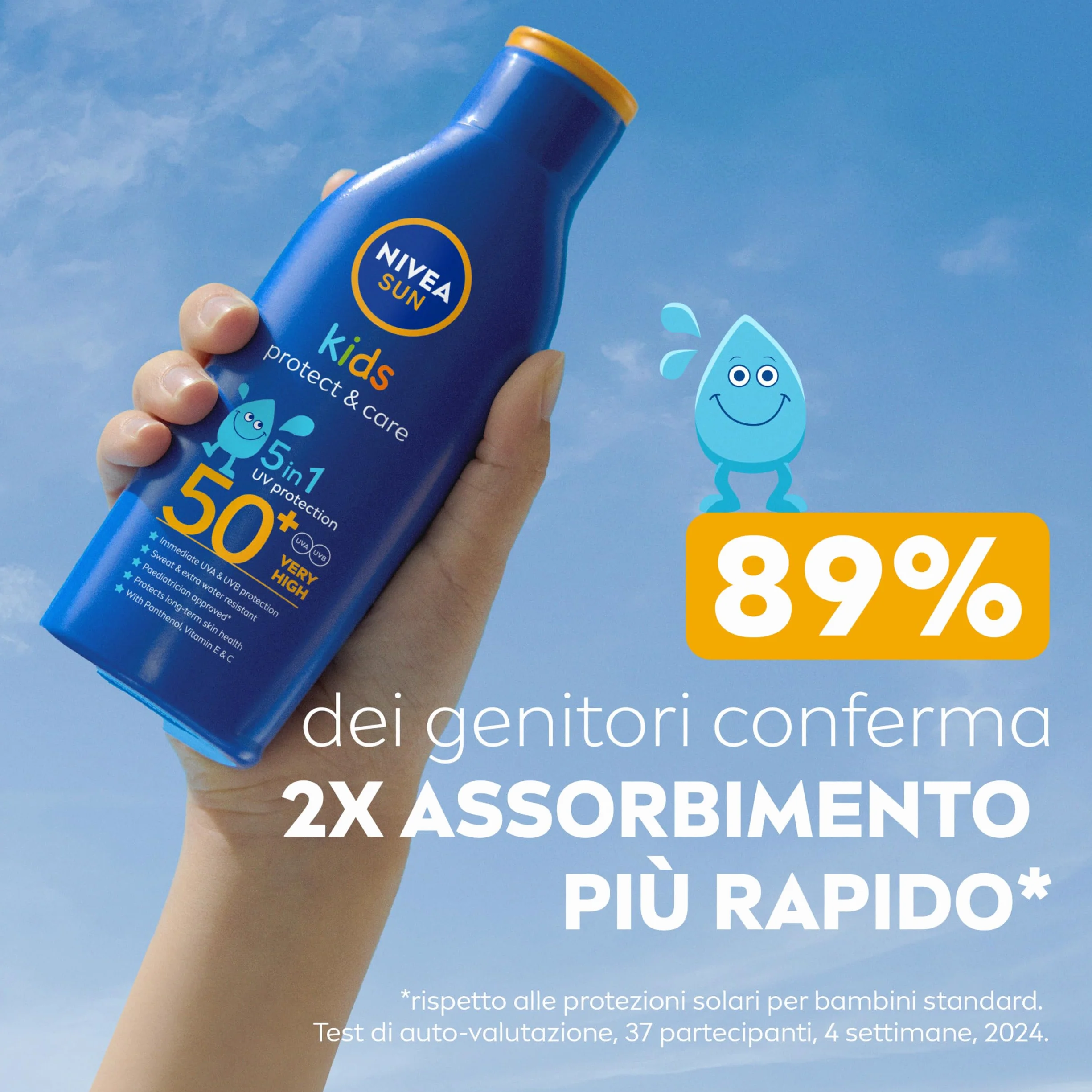 NIVEA SUN Kids Protect & Care SPF 50+ 200 ml, Crema solare 50 bambini 3+ anni per la pelle delicata, Protezione solare 50 bambini extra resistente all'acqua e al sudore con Pantenolo, Vitamina C & E