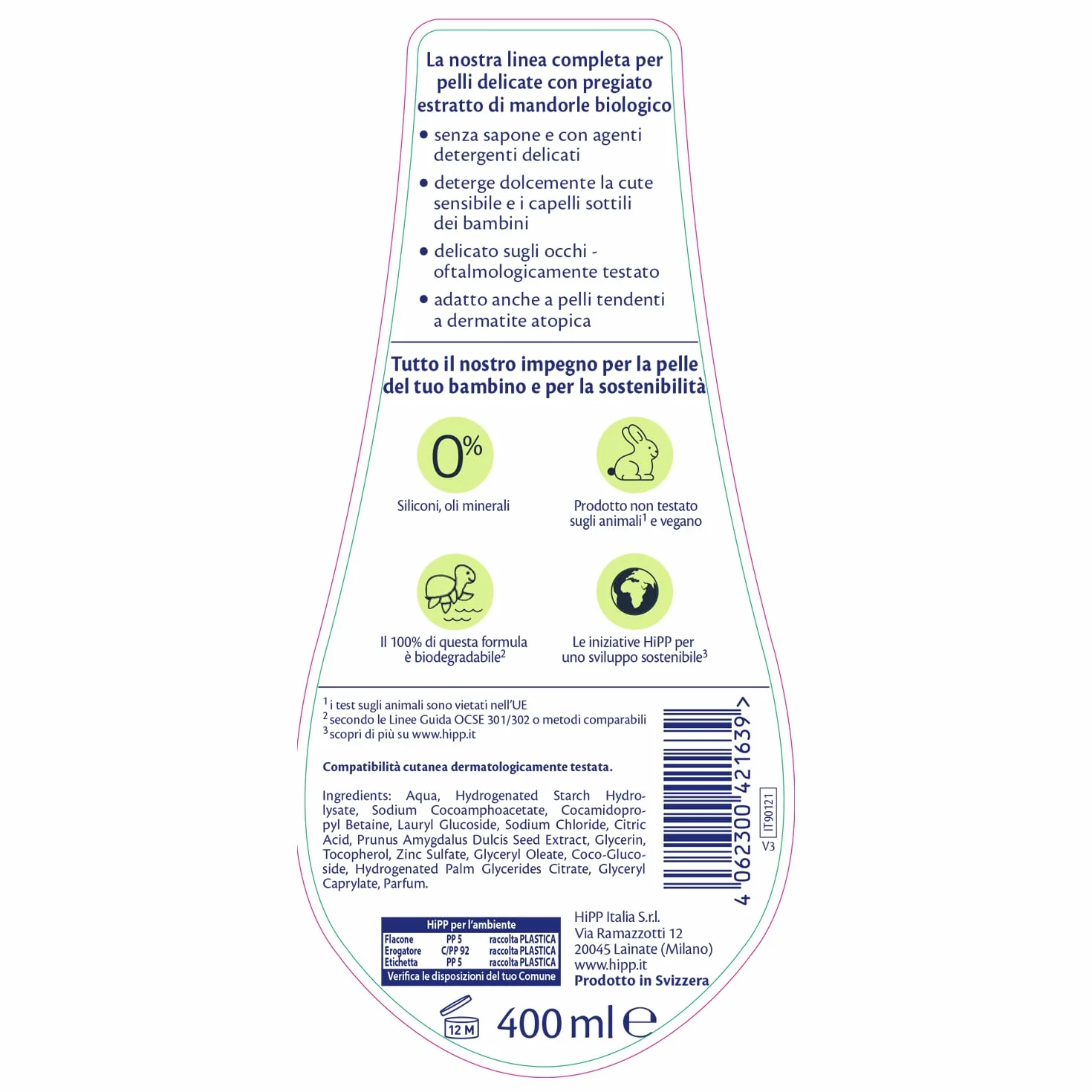 HiPP Baby Care - Gel Detergente Neonato, Deterge con Delicatezza Corpo e Capelli dei Bambini, No Lacrime, per Pelli Sensibili, con Estratto Naturale di Mandorle Bio, 1 Flacone da 400 ml