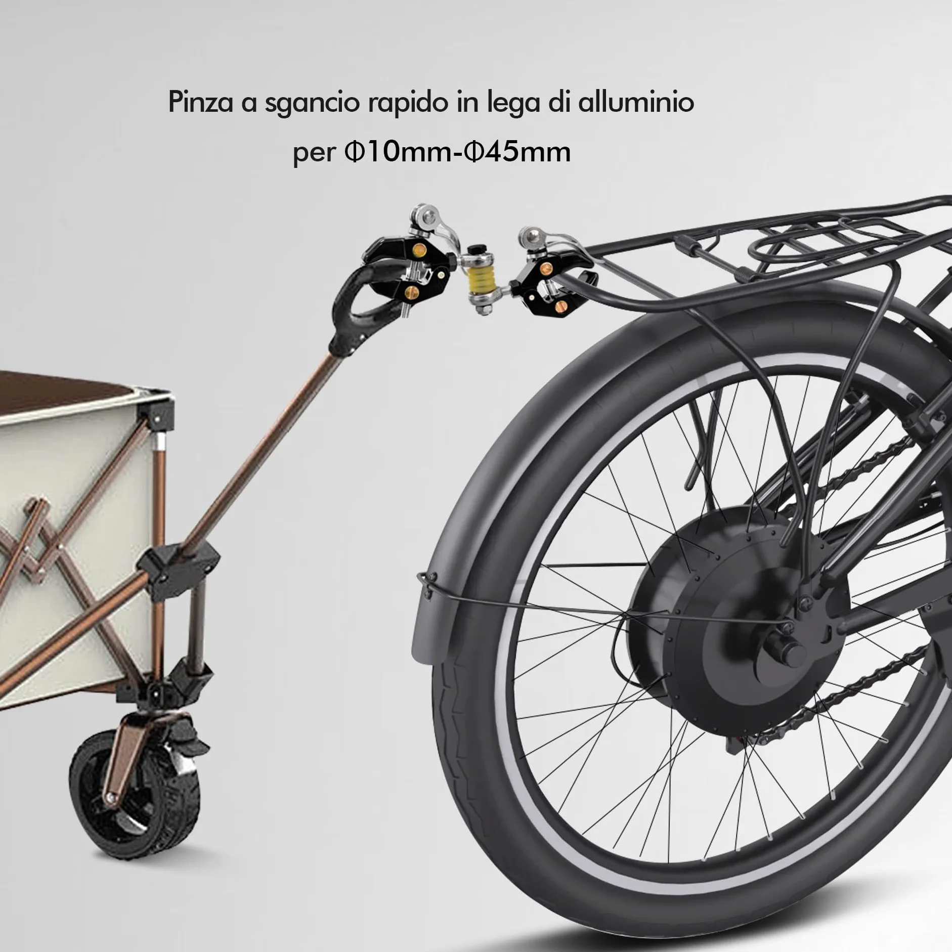 Mimoke Morsetto per portapacchi per bicicletta, 10 – 45 mm, robusto morsetto per il fissaggio di maniglie per carrello della spesa, trolley e bagagli, con rivestimento protettivo, tenuta sicura per il