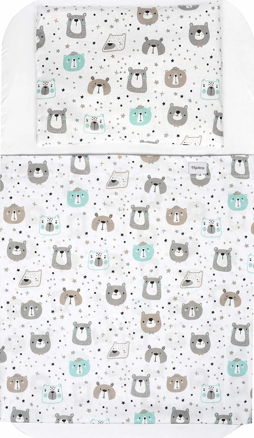 FlyIdeas Lenzuola Next2Me Set MAXI 8 pz, 100% Cotone con 2 Lenzuola Sotto, 2 Traverse Salva Pipi, 2 Lenzuola Sopra & 2 Federe Cuscino per Culle Fianco Letto Neonato e simili (Cute Bears, 83x50 cm)