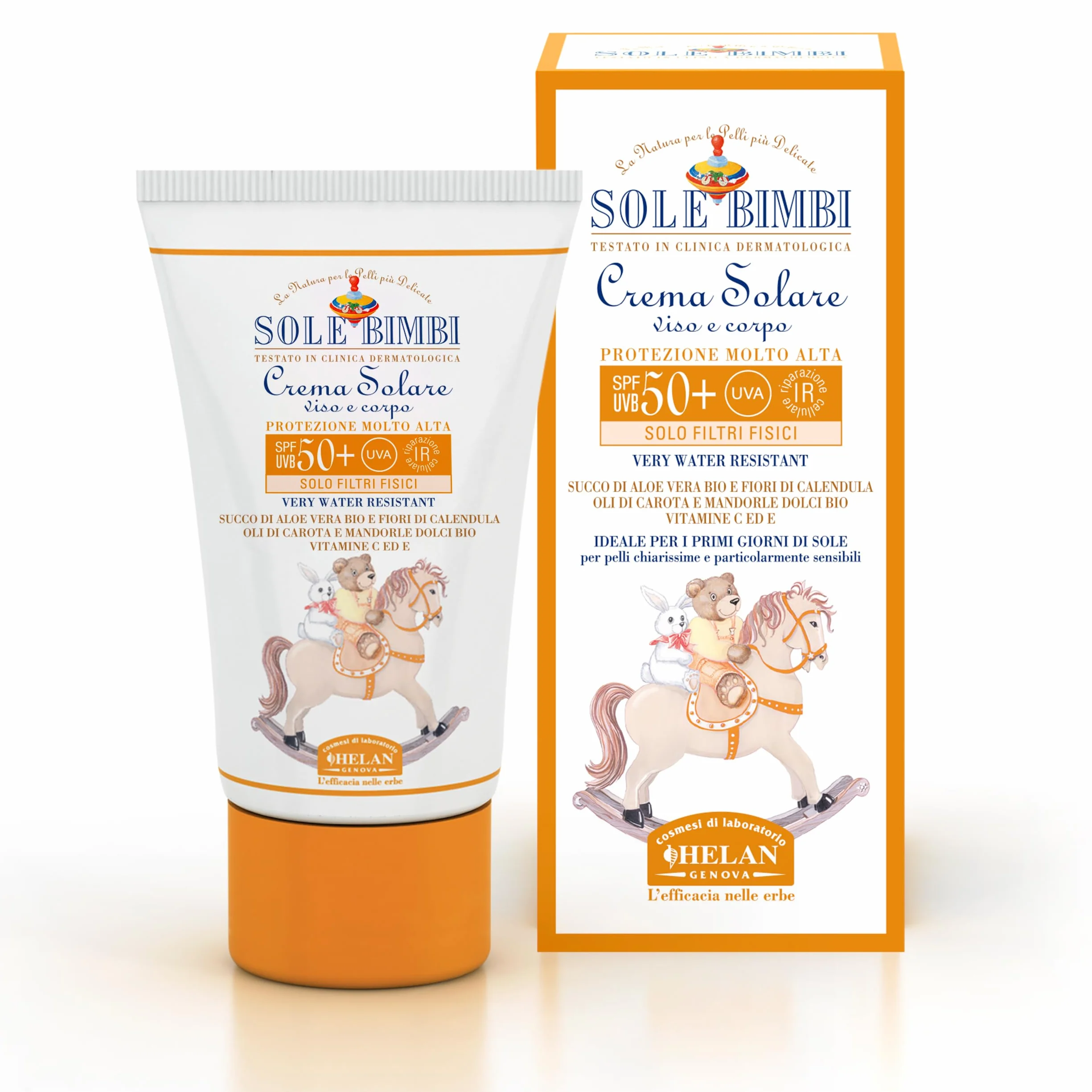 Helan, Sole Bimbi - Crema Solare 50+ Bambini e Neonati, Protezione Solare 50+ SPF Molto Alta contro Raggi UVB/UVA, Crema Solare Viso e Corpo con Olio di Mandorle Dolci, Vitamina E e Aloe Vera, 50 ml