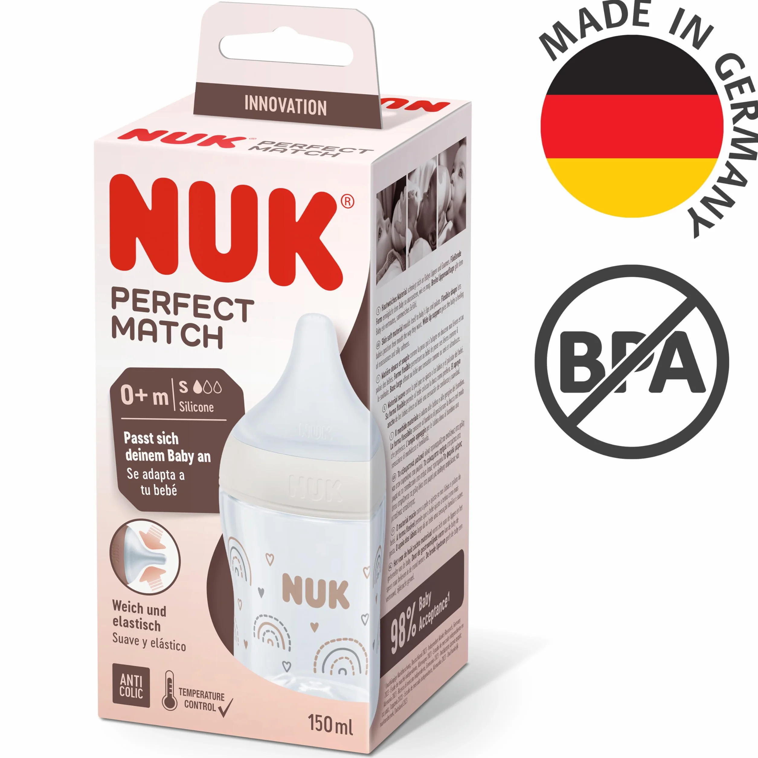 NUK biberon Perfect Match | 0+ Mesi | Si adatta al palato del bambino | Controllo della temperatura | Sfiato anti-colica | 150 ml | Senza BPA | Tettarella piccola in silicone | Arcobaleno