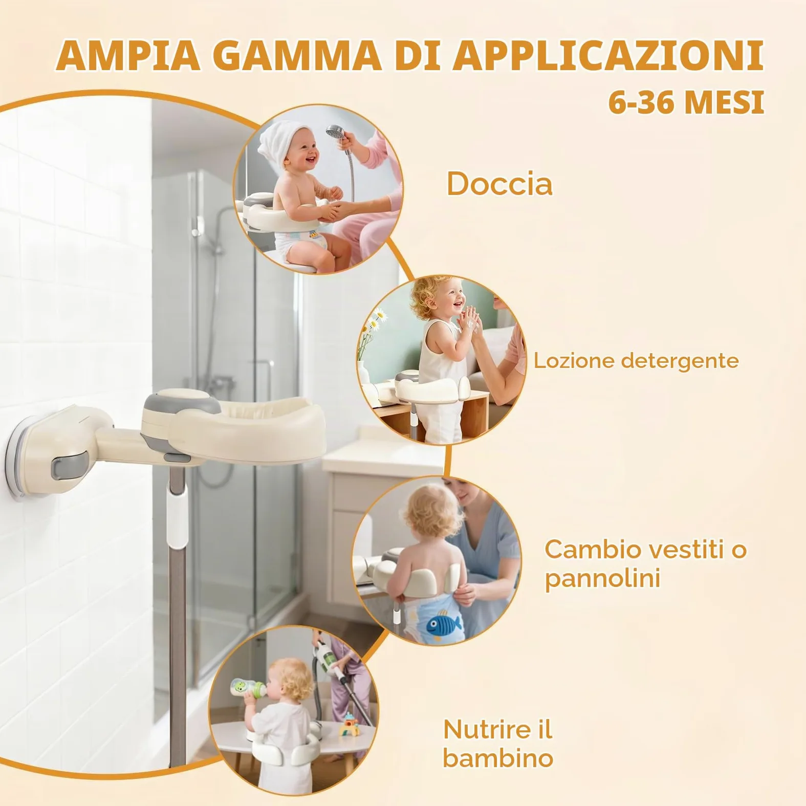 Supporto Doccia Neonati | Altezza Reg. 26-35cm | Antiscivolo Maniglia Sicurezza | Pieghevole Senza BPA | 6-36 Mesi