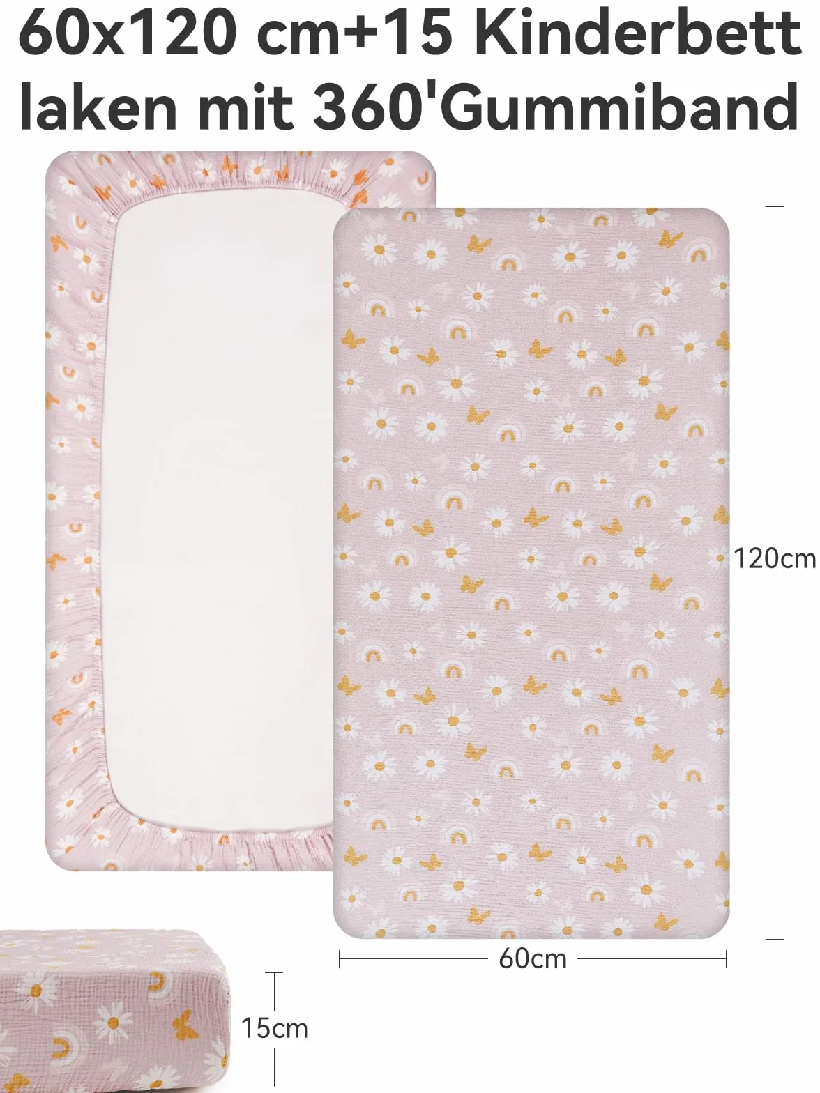 TILLYOU Mussola - Set di 2 lenzuoli con angoli elasticizzati per lettino, 60 x 120 cm, 100% cotone, motivo: farfalla rosa