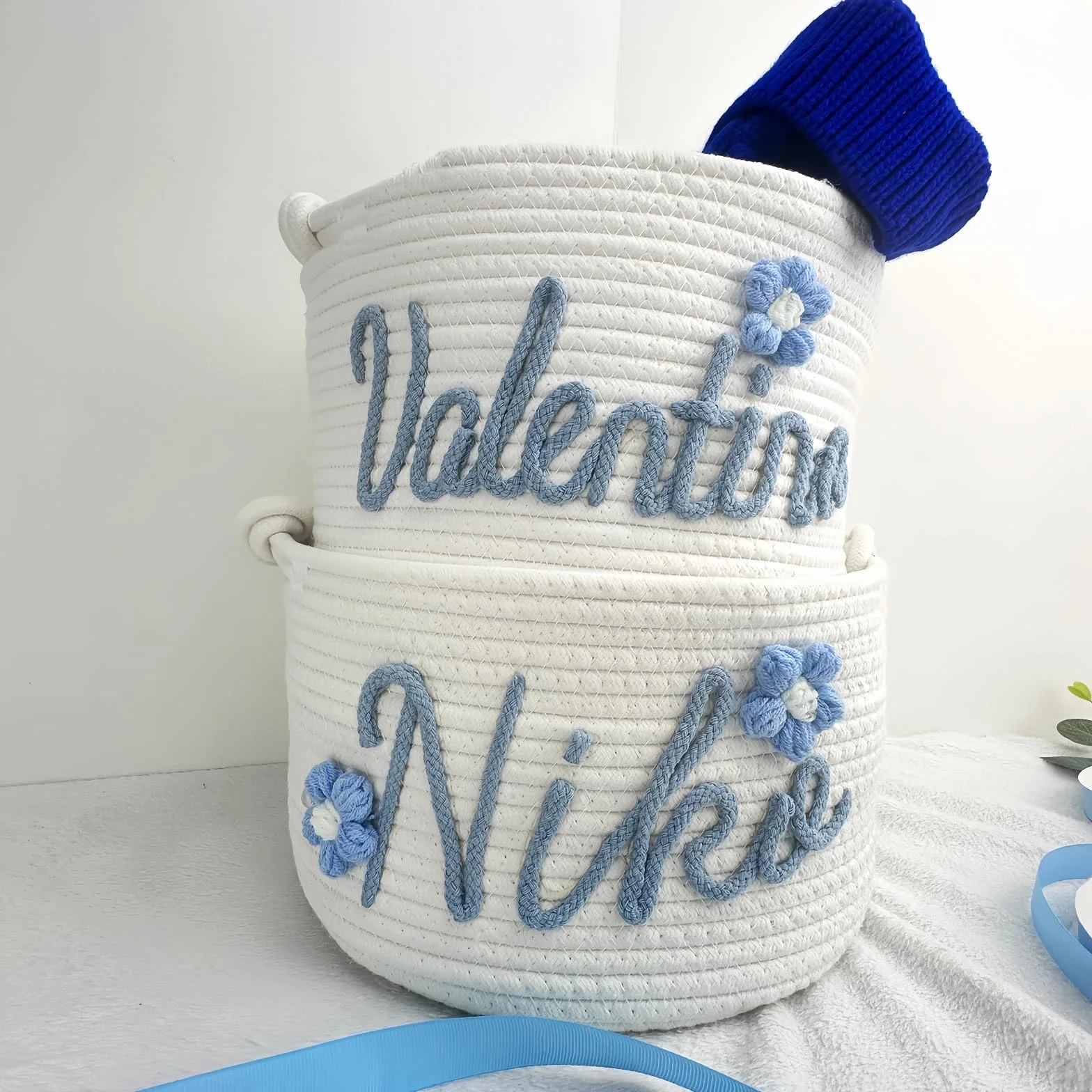 Cestino Intrecciato In Corda Di Cotone Personalizzato Con Nome per Neonato, Regalo Personalizzato per Battesimo Neonato, Contenitore per Pannolini, Contenitore Portaoggetti per Neonati(28cm x 16cm)