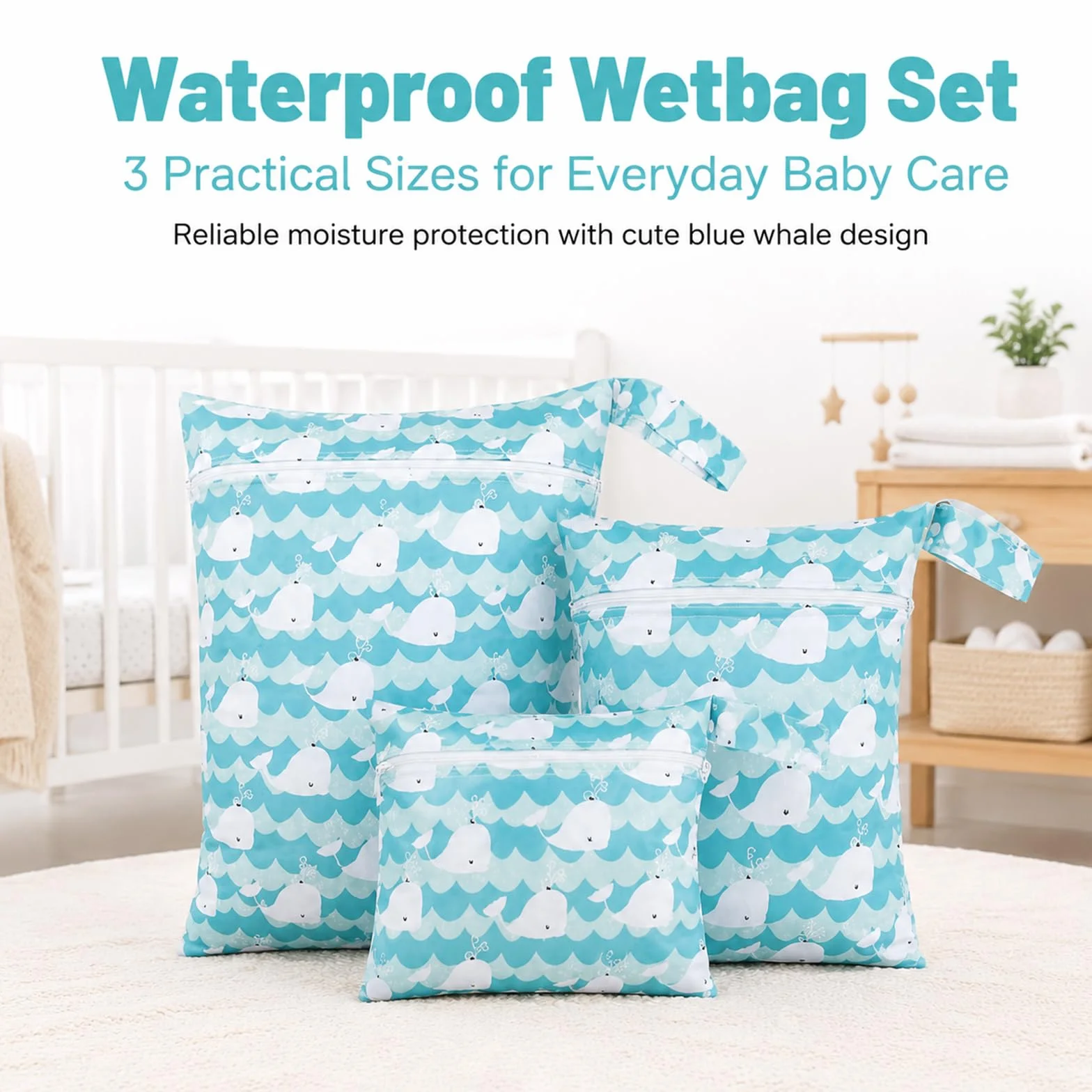 Set da 3 Wetbags Blu Balena Design, Borse Impermeabili per Pannolini e Indumenti bagnati per Neonati e Asilo, Wetbag Portatile per Viaggio con Dolce Motivo Balena