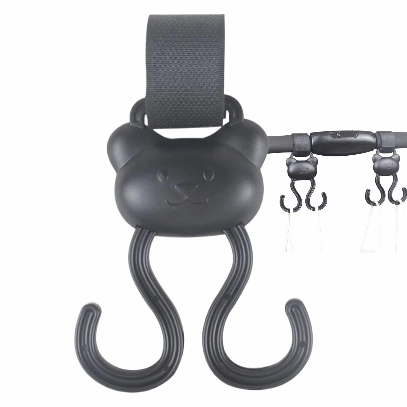 Ganci per passeggino, clip a moschettone, 30 x 8 cm, con orsetto dei cartoni animati, anello regolabile, chiusura antiscivolo per bambini, viaggi, all'aperto, passeggino, shopping, parco, passeggiate