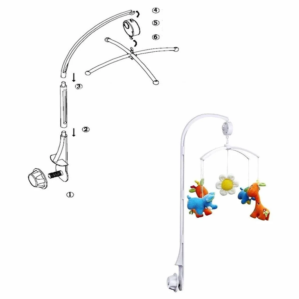 JZK Giostrina culla neonato musicale giostrina lettino con musica wind up carillon + porta giocattoli + braccio, Rotazione automatica Senza batteria