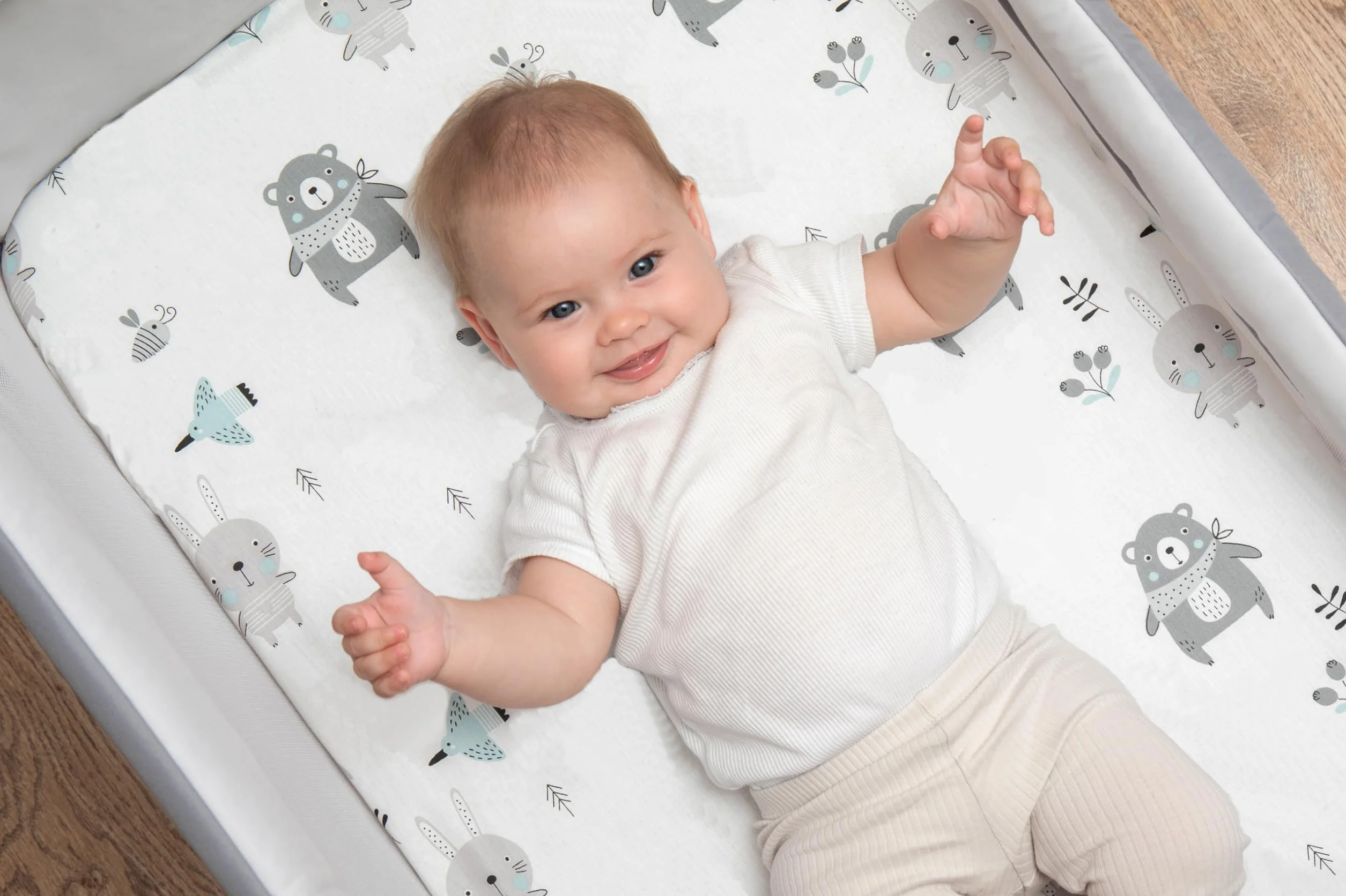 Lenzuolo con angoli, 50 x 89 cm (X2), 100% cotone, Oeko-Tex – 2 lenzuola compatibili con Babybay, morbido e traspirante (animali blu, 50 x 89 cm)