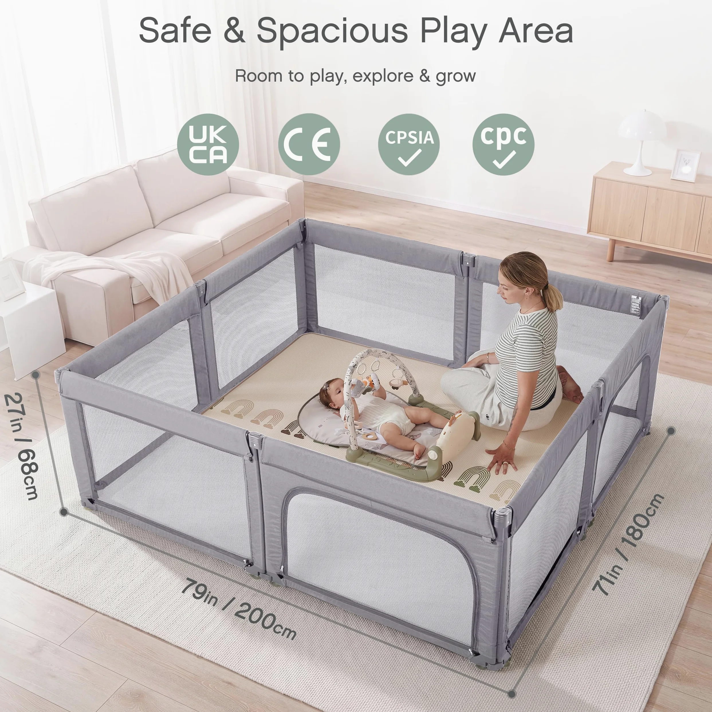 Box per bambini, cancelletto di sicurezza pieghevole, facile da montare, misura grande e regolabile, per interni, 180 x 200 cm, grigio chiaro