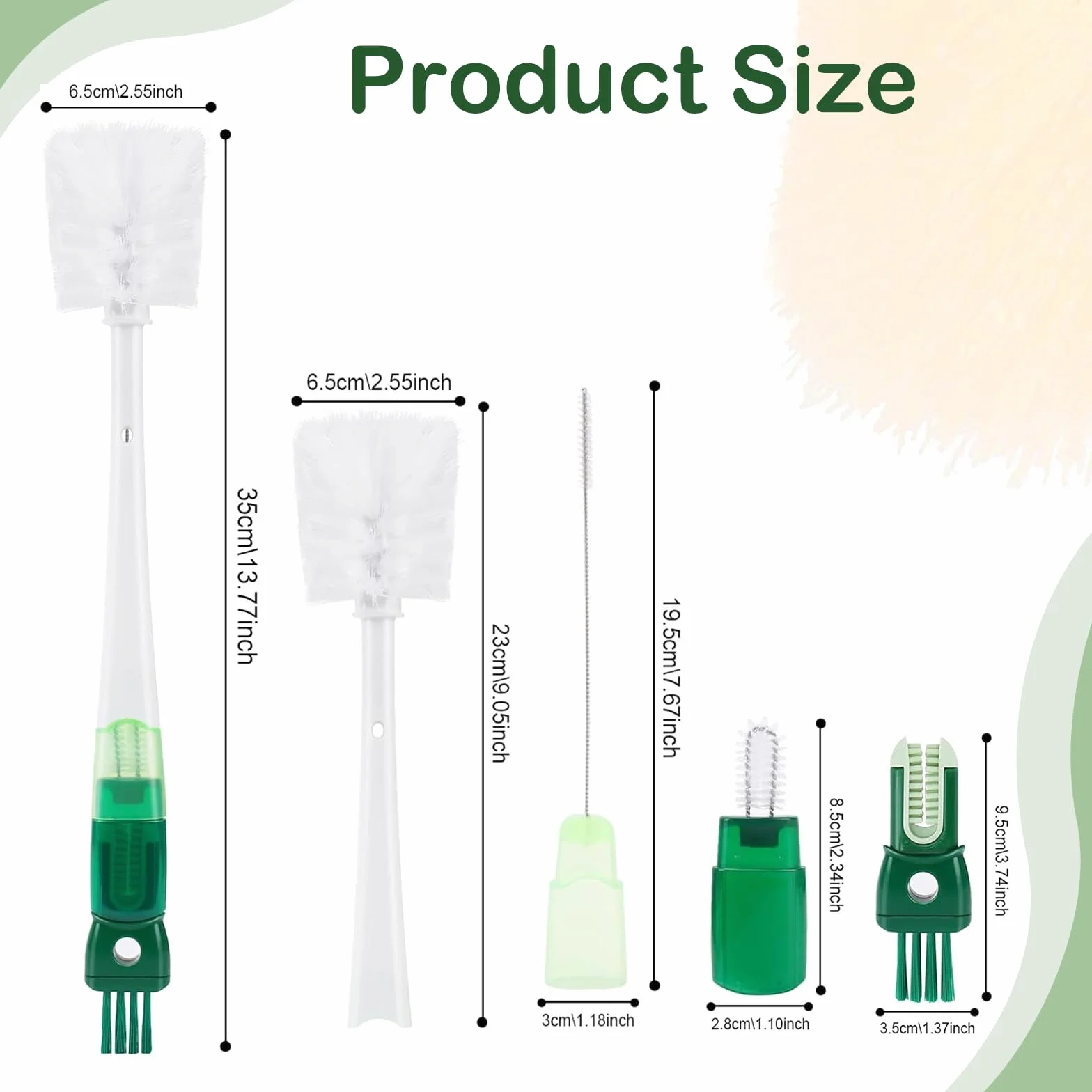 Spazzola per Pulizia Bottiglia D'acqua Multifunzionale 5 in 1 Spazzola per Biberon Spazzola a Manico Lungo con 5 Testine Set Spazzole per Pulizia per Biberon,Bottiglie Termiche,Cannucce (Verde)