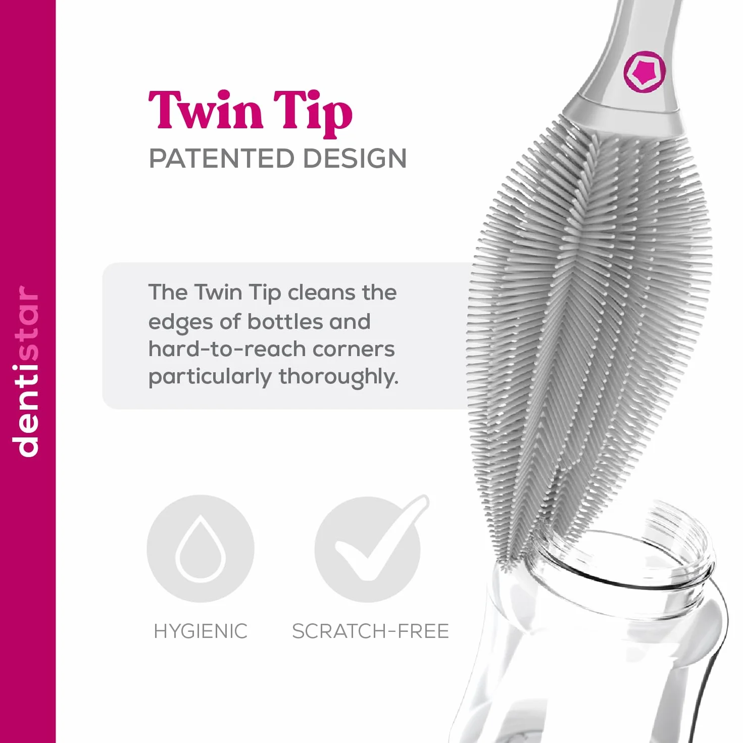 dentistar Spazzola Lunga per bottiglie in silicone – Spazzola per bottiglie per bottiglie, tazze e bicchieri, detergente per bottiglie flessibile con setole morbide in silicone – Senza BPA – Grigio