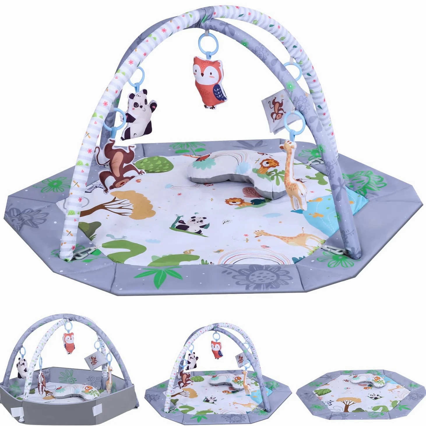 Palestrina Neonato con Arco Rimovibile, Palestrina Neonato Montessori con Cuscino per Tempo a Pancia in Giù, 5 Accessori Sensoriali Rimovibili, Lavabile e Morbido Tappetino Neonato Evolutivo