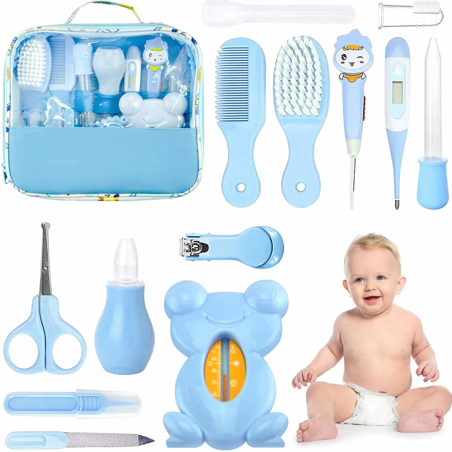 Set per la Cura del Bambino, 13 pcs Baby Healthcare Kit, per Quotidiano eViaggi Termometro,Tagliaunghie, Alimentatore di Medicinali per Neonati Forbici Spazzola per capelli (Blu)