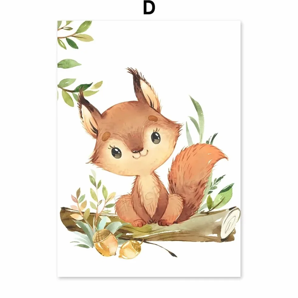 Youihom 6 Quadro Animali Bosco Quadretti Personalizzati Bimba Poster con Lettere del Nome Bambini Stampe Cameretta Neonato Volpe Orso Scoiattolo Cervo Marrone Verde Quadri Tela 21x30 senza Cornice