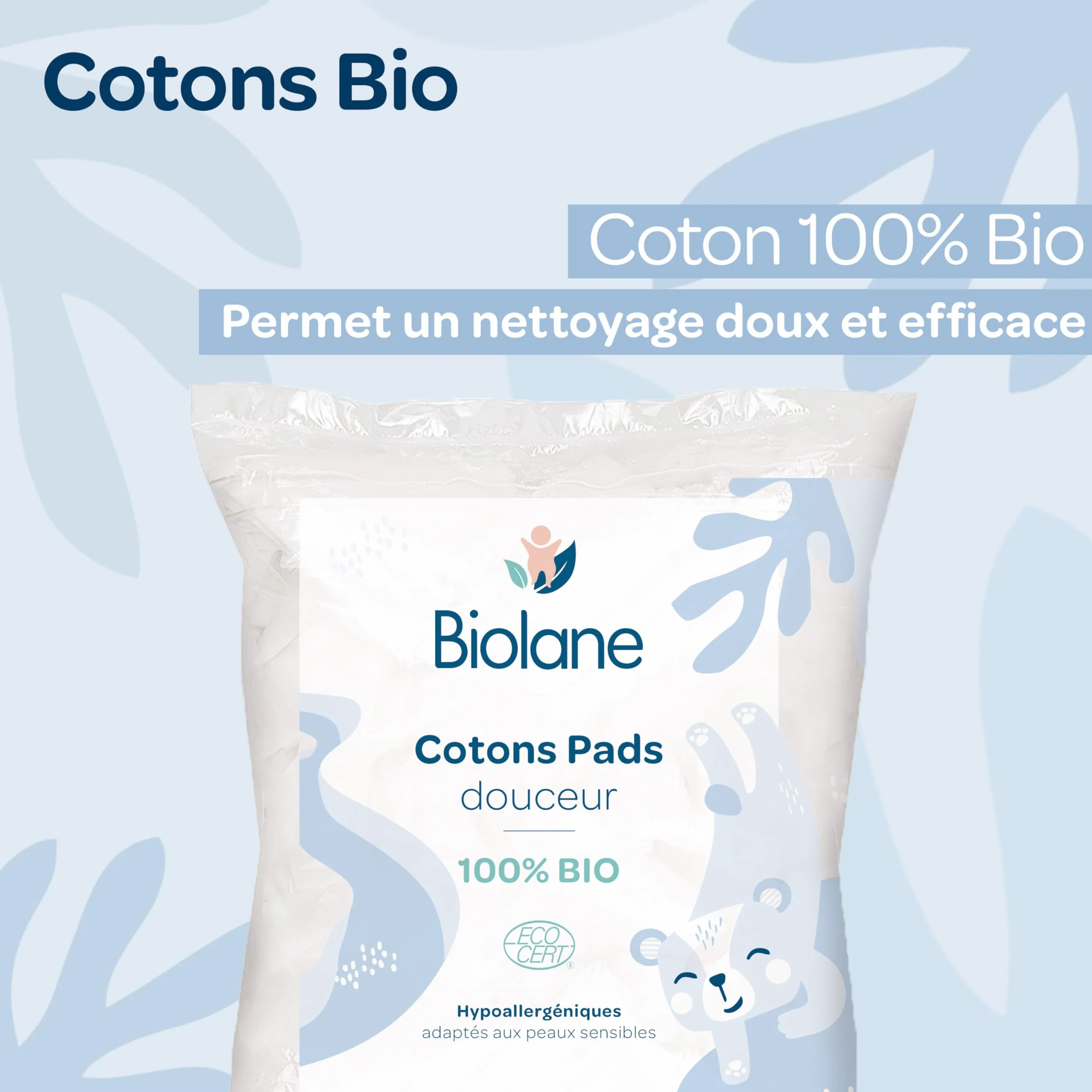BIOLANE - Set di 3 tamponi morbidi in cotone - Bambino - 100% Bio - 150 cotone - Pelle sensibile - Cambia & Toilette - Fin dalla nascita - Made in France