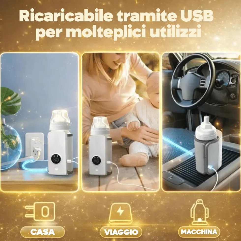 Mediawave Store – Scaldabiberon Portatile USB con Batteria 2000mAh Schermo LED e Temperatura Regolabile Ricaricabile per Latte in Polvere e Materno senza fili