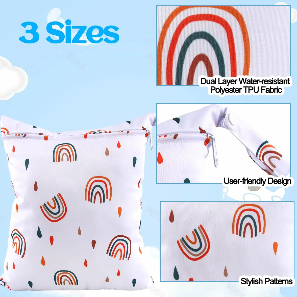 EKKONG Wetbag, 3 pezzi Borsa Pannolini Riutilizzabile, Sacchetto delPannolino Lavabile con Zip Impermeabile Organizzatore (unicorno)