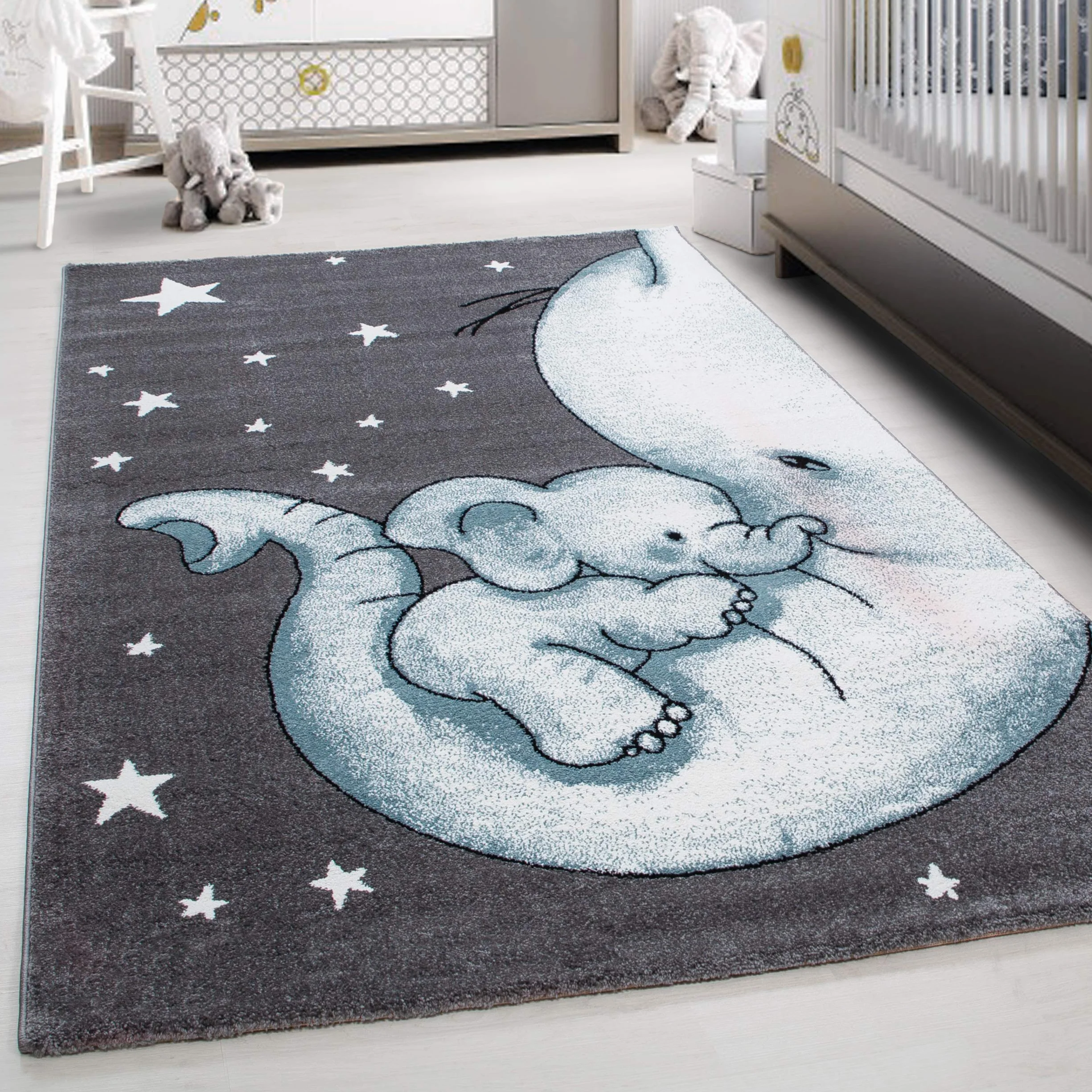 Tappeto per bambini con design elefante, morbido e soffice, adatto per cameretta dei bambini, tappeto a pelo corto, facile da pulire Misurare: 120 x 170 cm Colore: Blu-3