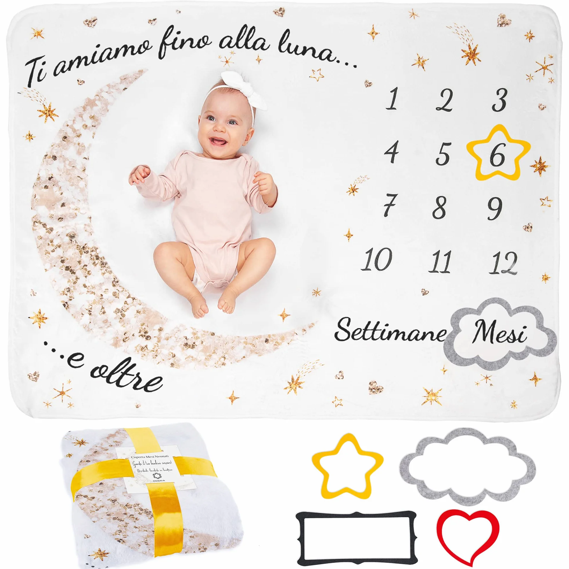 Coperta Mesi Neonato In Italiano | Tappeto Unisex | Tema Luna E Stelle | Regalo Baby Shower Personalizzato Per Neomamme | Incluse Cornici