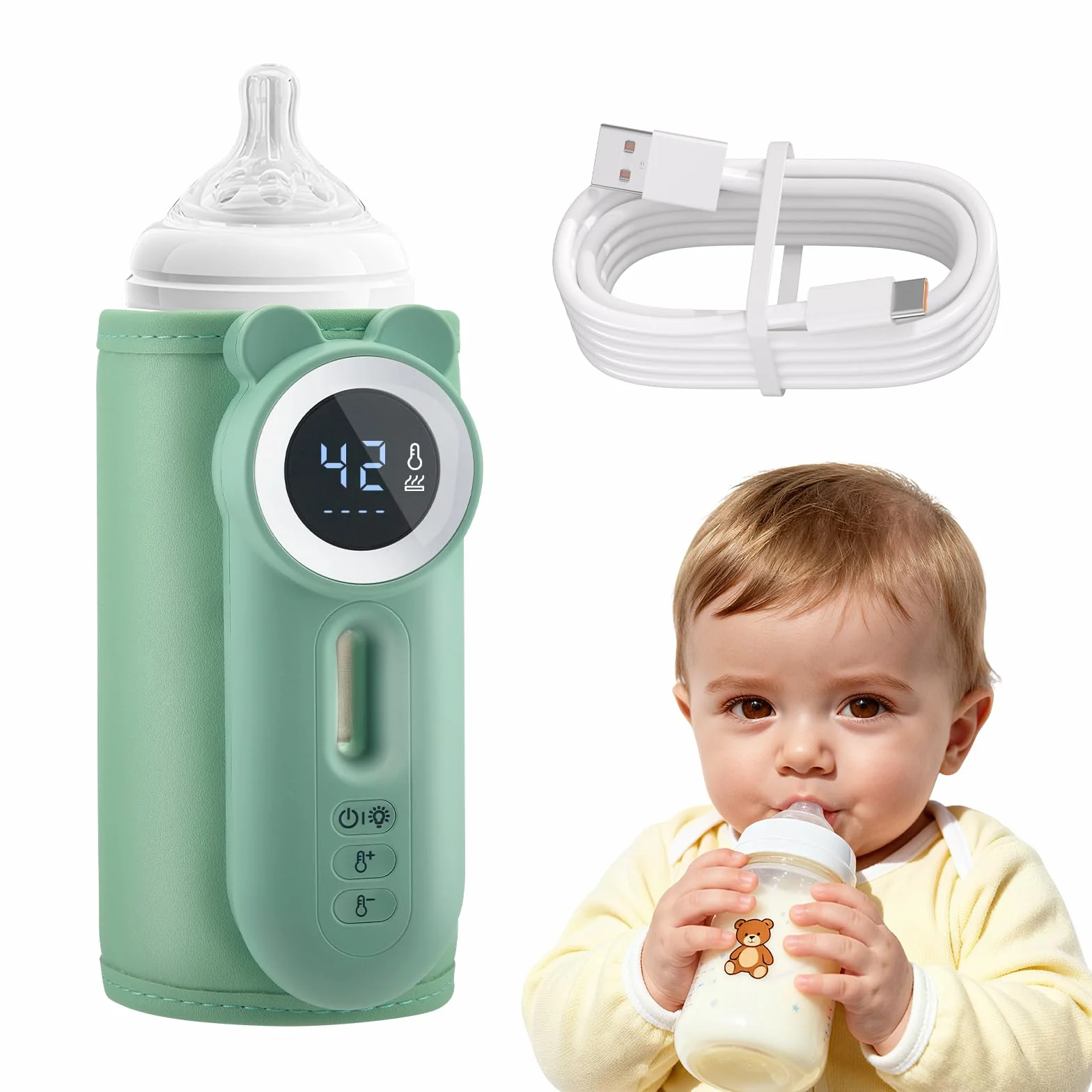 Scaldabiberon portatile in viaggio, controllo della temperatura a 11 livelli e display LED, riscaldamento rapido senza acqua, batteria da 10400 mAh, con luce notturna per viaggi e casa (verde)