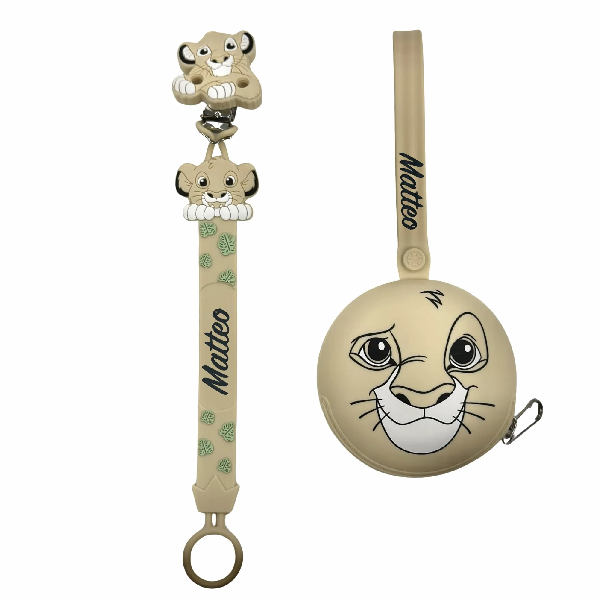 NOVITÁ Fettuccia IN SILICONE, per ciuccio personalizzata con nome, leone, BABYJART, lavabile,sicura per il bambino,compatibile con ciuccio MAM e CHICCO AZIENDA ITALIANA, MADE IN ITALY!