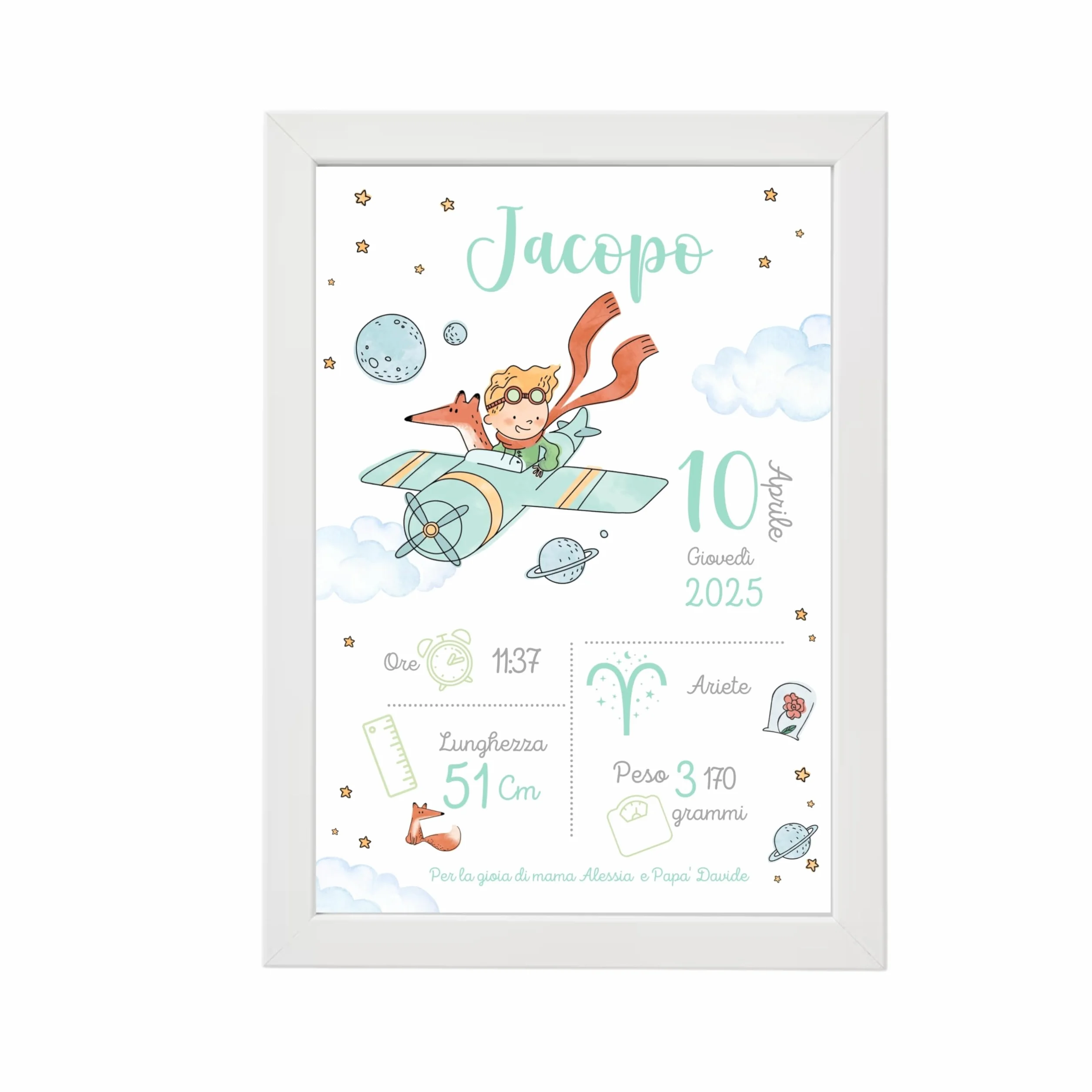 Generico Quadretto Nascita Personalizzato Il Piccolo Principe – Stampa 21x30 cm con Nome, Data, Peso e Ora – Con Cornice – Idea Regalo Neonato, Battesimo o Baby Shower – Decorazione Cameretta Bimbo