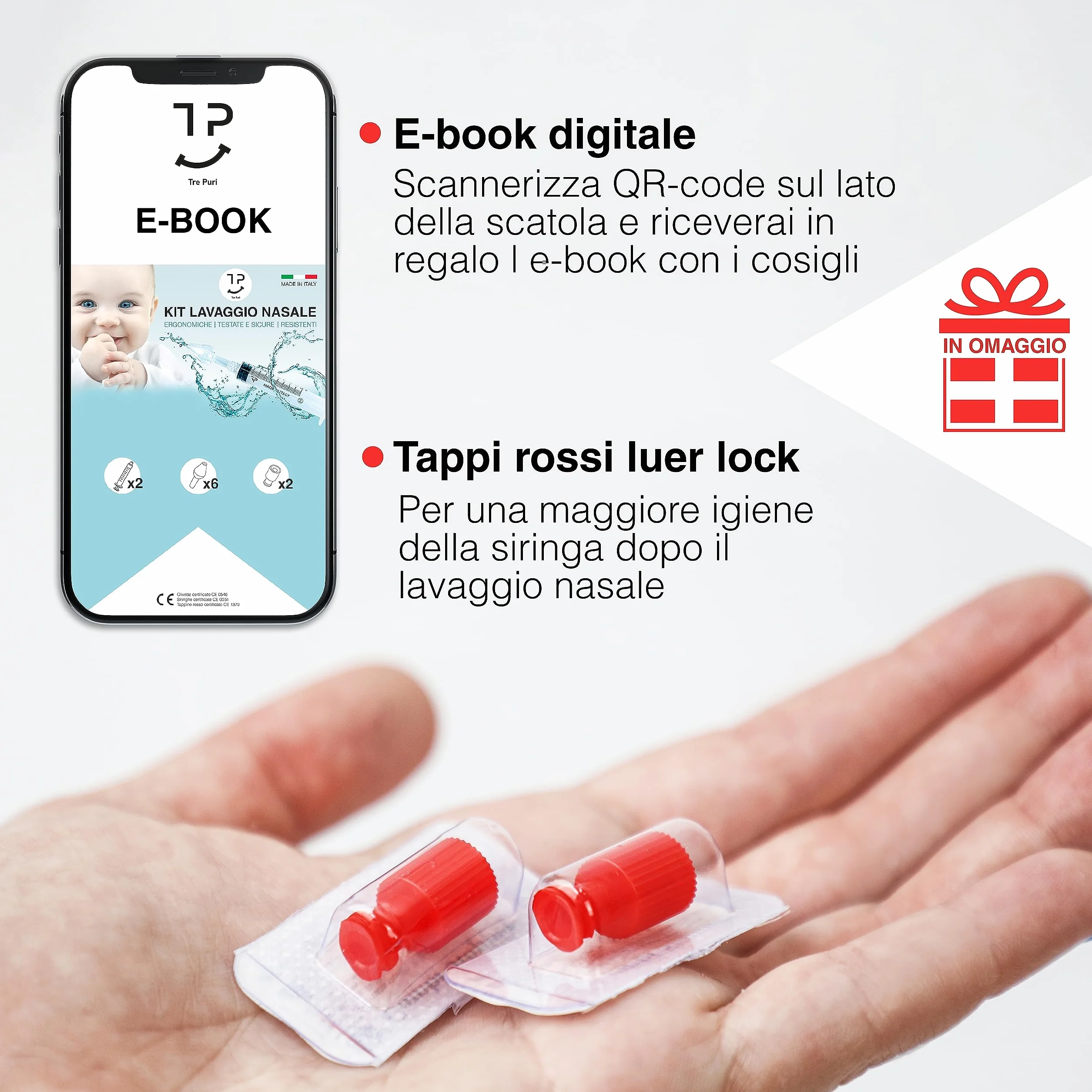 TRE PURI® 2 Siringa per Lavaggi Nasali Bambini e Neonato Made in Italy – Set Lavaggio Nasale Bambini e Adulti – Kit Professionale Siringhe e Olive per Soluzione Fisiologica – Tappini e E-book OMAGGIO