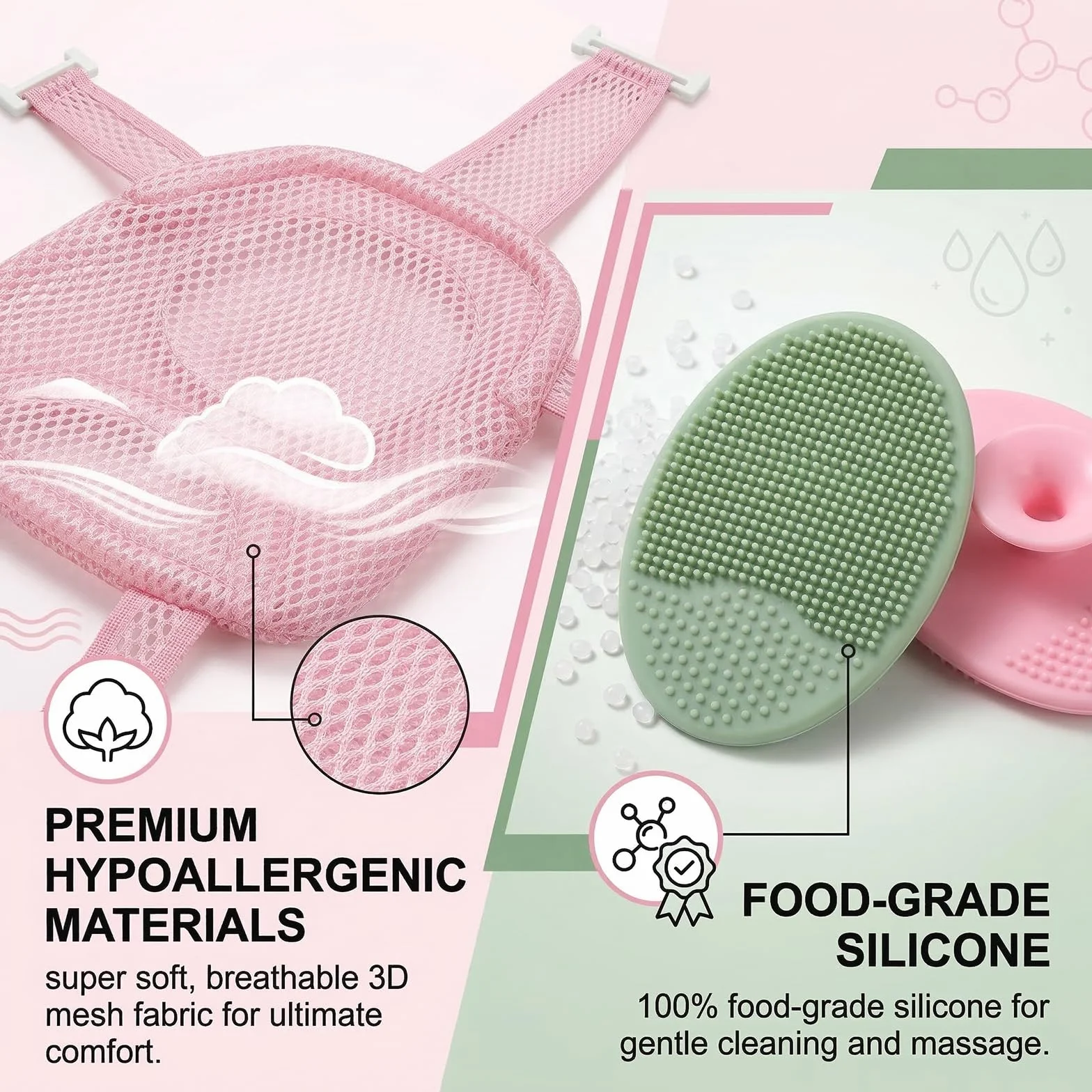 1 pezzo Cuscino per il bagnetto del neonato, Supporto per neonati, Rete antiscivolo, Due spazzole per shampoo incluse, Tappetino da bagno galleggiante per bambini (5 angoli)(Rosa)