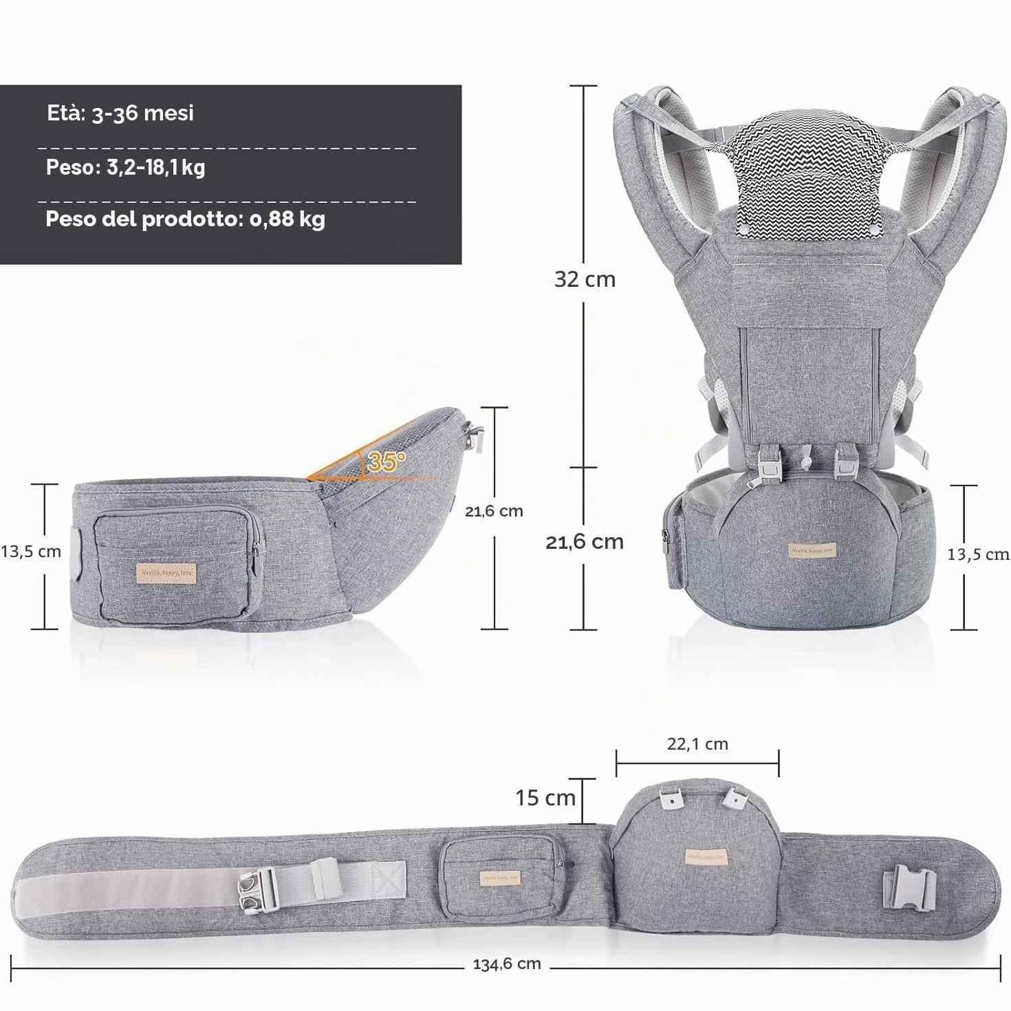 Fascia Neonato, 9-in-1 Regolabile Marsupio Neonati Ergonomico, Confortevole e Leggero, Sedile con Supporto Lombare, Marsupio Bambino da 0-36 Mesi, Ideale per Genitori a Mani Libere, Grigio