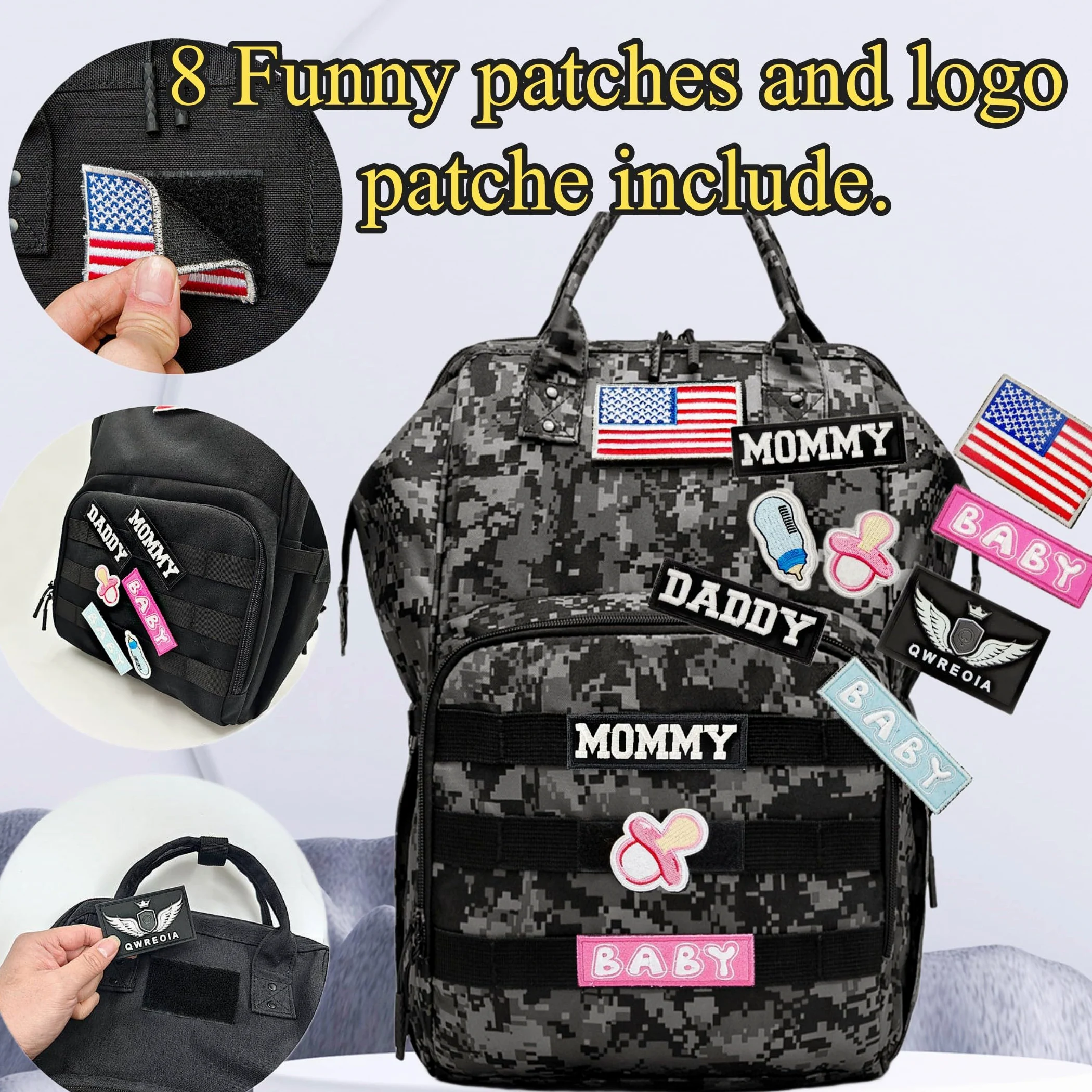Zaino per pannolini con porta di ricarica USB e tasca isolata, zaino tattico militare da viaggio per papà e mamma (adesivo mimetico nero), nero mimetico, Large, Borse per pannolini