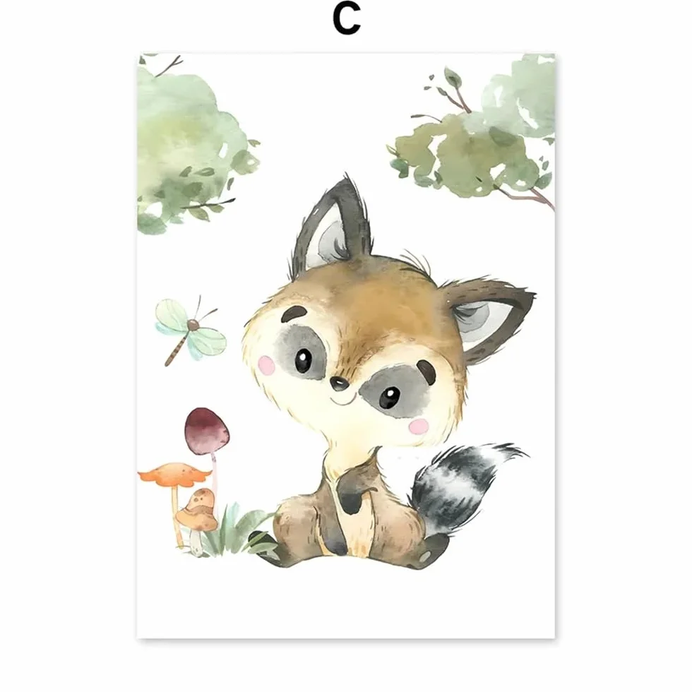 Youihom 6 Quadro Animali Bosco Quadretti Personalizzati Bimba Poster con Lettere del Nome Bambini Stampe Cameretta Neonato Volpe Orso Scoiattolo Cervo Marrone Verde Quadri Tela 21x30 senza Cornice