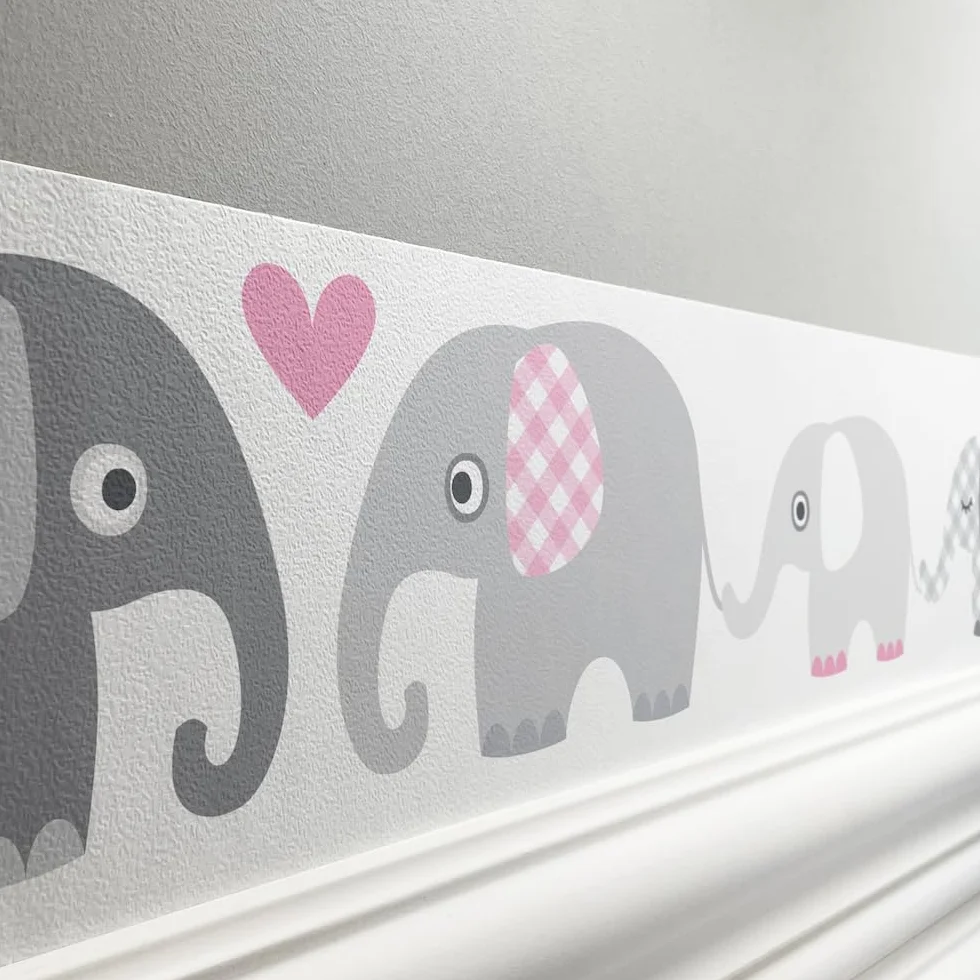 bordatura da parete per bambini - con motivo di elefanti - rosa/grigio - bordo autoadesivo in tessuto non tessuto - 450x11.5 cm