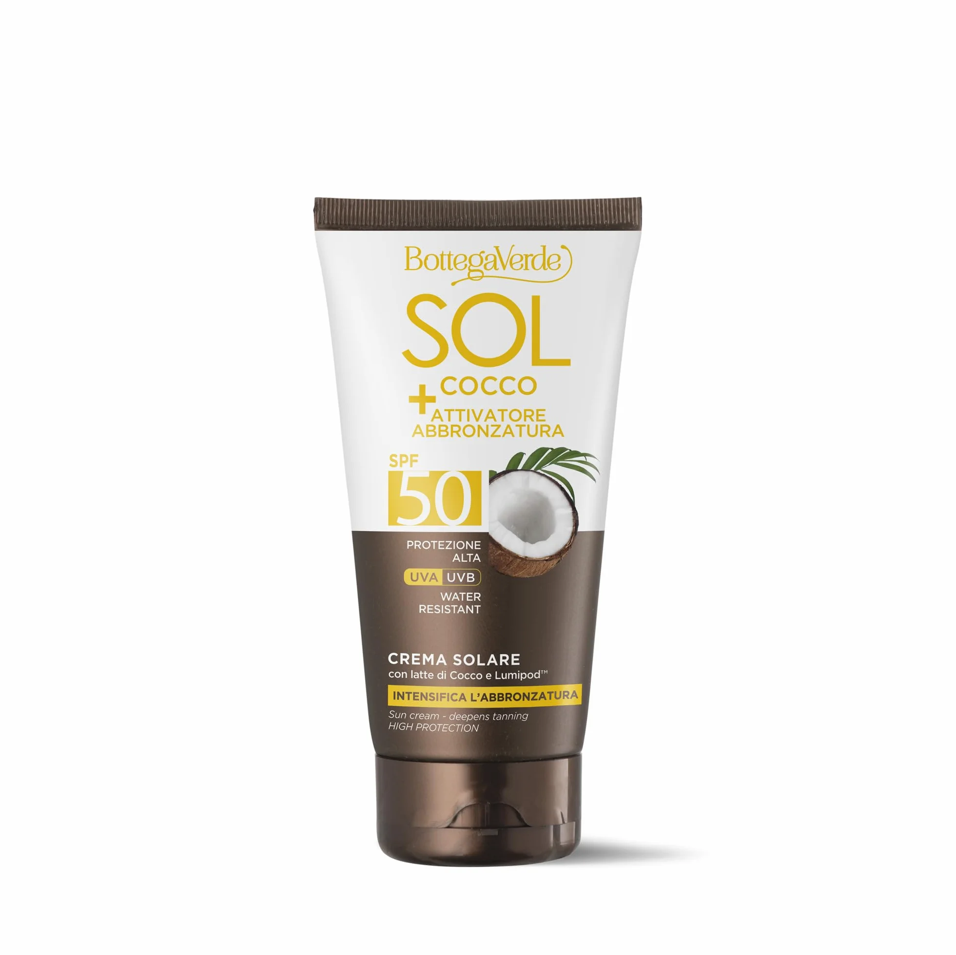 Bottega Verde - SOL Cocco + Attivatore di abbronzatura, Crema solare, intensifica l'abbronzatura, 150 ml, con latte di Cocco e Lumipod™, water resistant, protezione alta SPF50