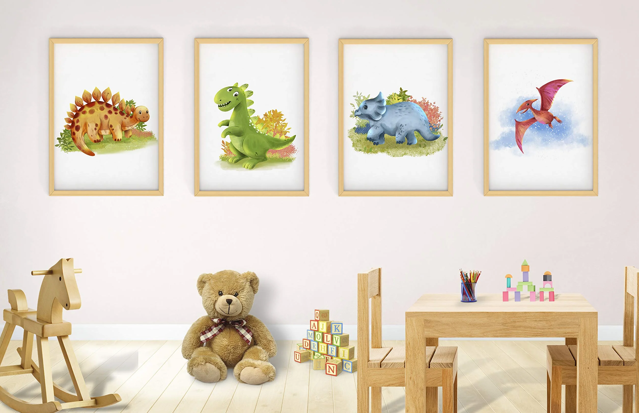 Set di 4 immagini dinosauri per cameretta dei bambini e cameretta dei bambini, poster DIN A4, animali T-Rex (senza cornice)