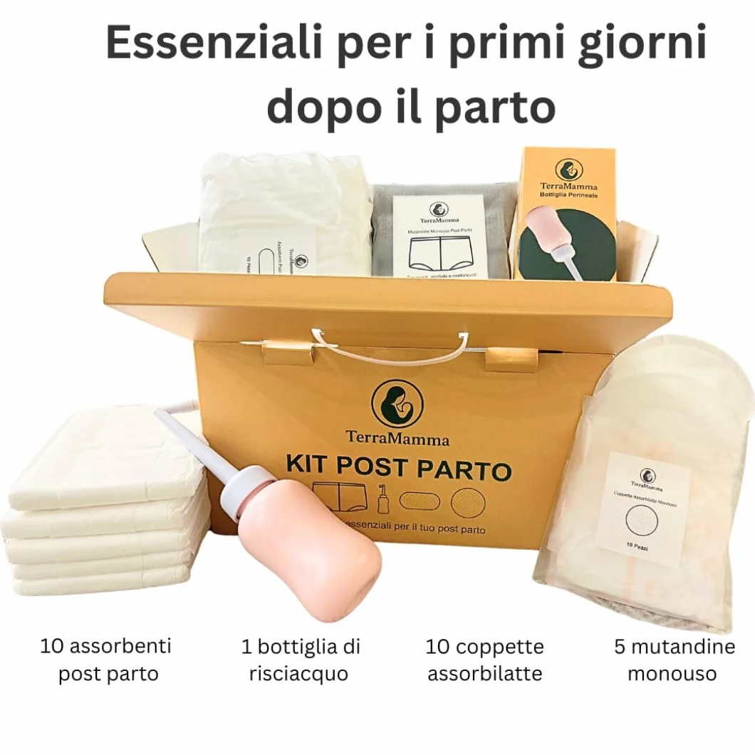 Kit Post Parto TerraMamma – Borsa Ospedale Mamma con Mutandine Monouso, Assorbenti, Coppette Assorbilatte e Bottiglia Perineale | Postpartum Recovery Kit for Mom
